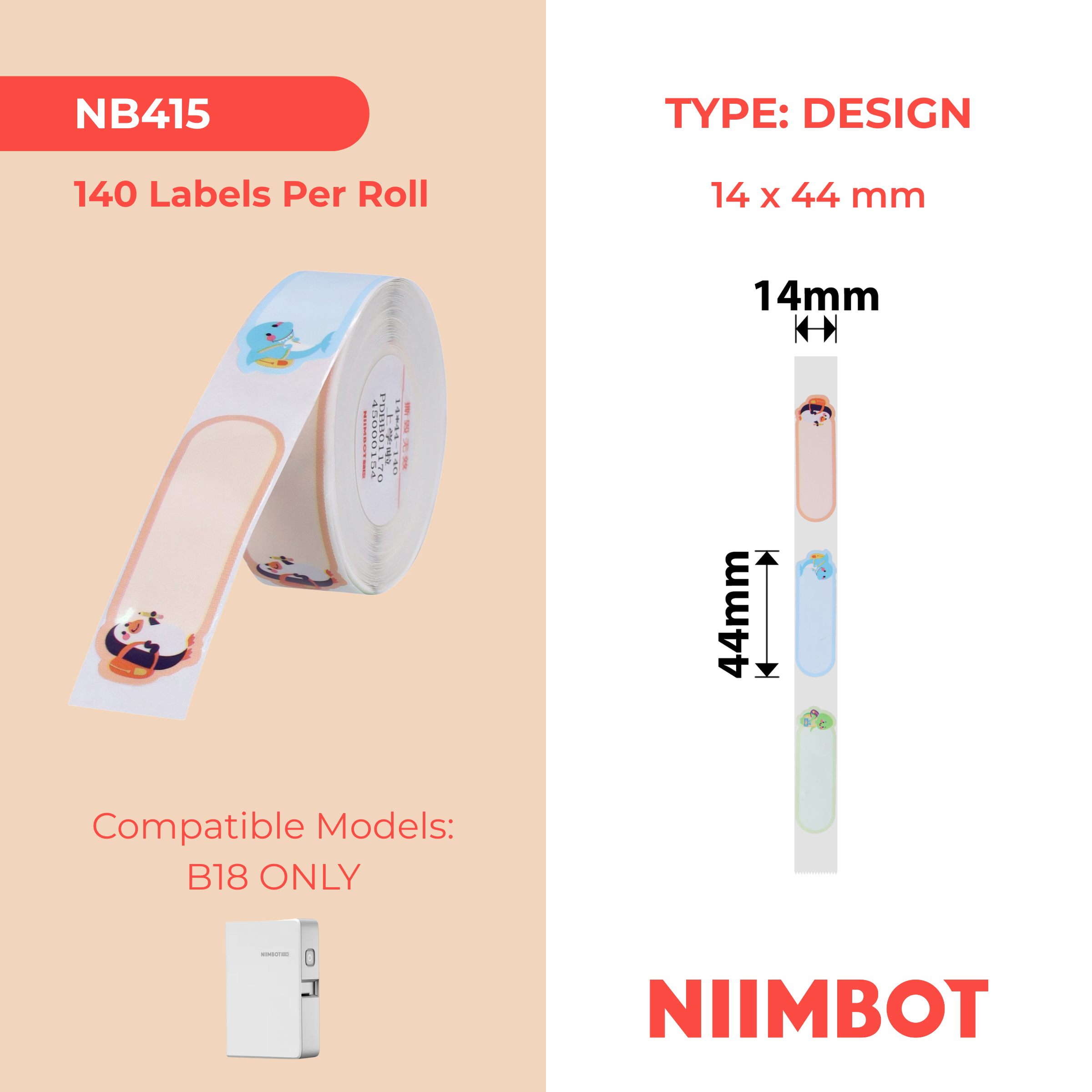 NB415 - NIIMBOT - B18 / N1 - EW14X44mm - 140 LABELS PER ROLL- GO TO SCHOOL DESIGN