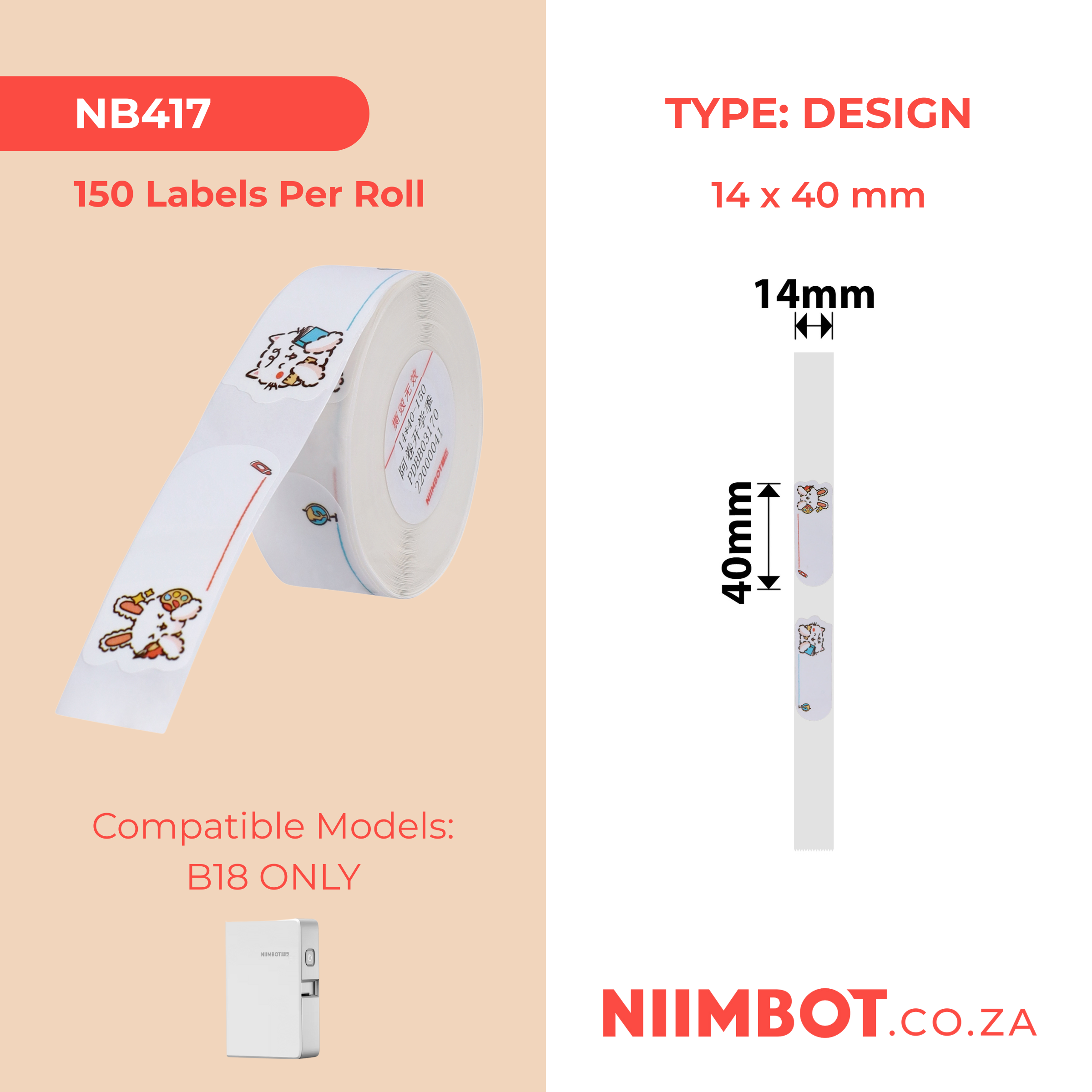 NB417 - NIIMBOT - B18 / N1 - EW14X40mm - 150 LABELS PER ROLL- STUDYING DESIGN