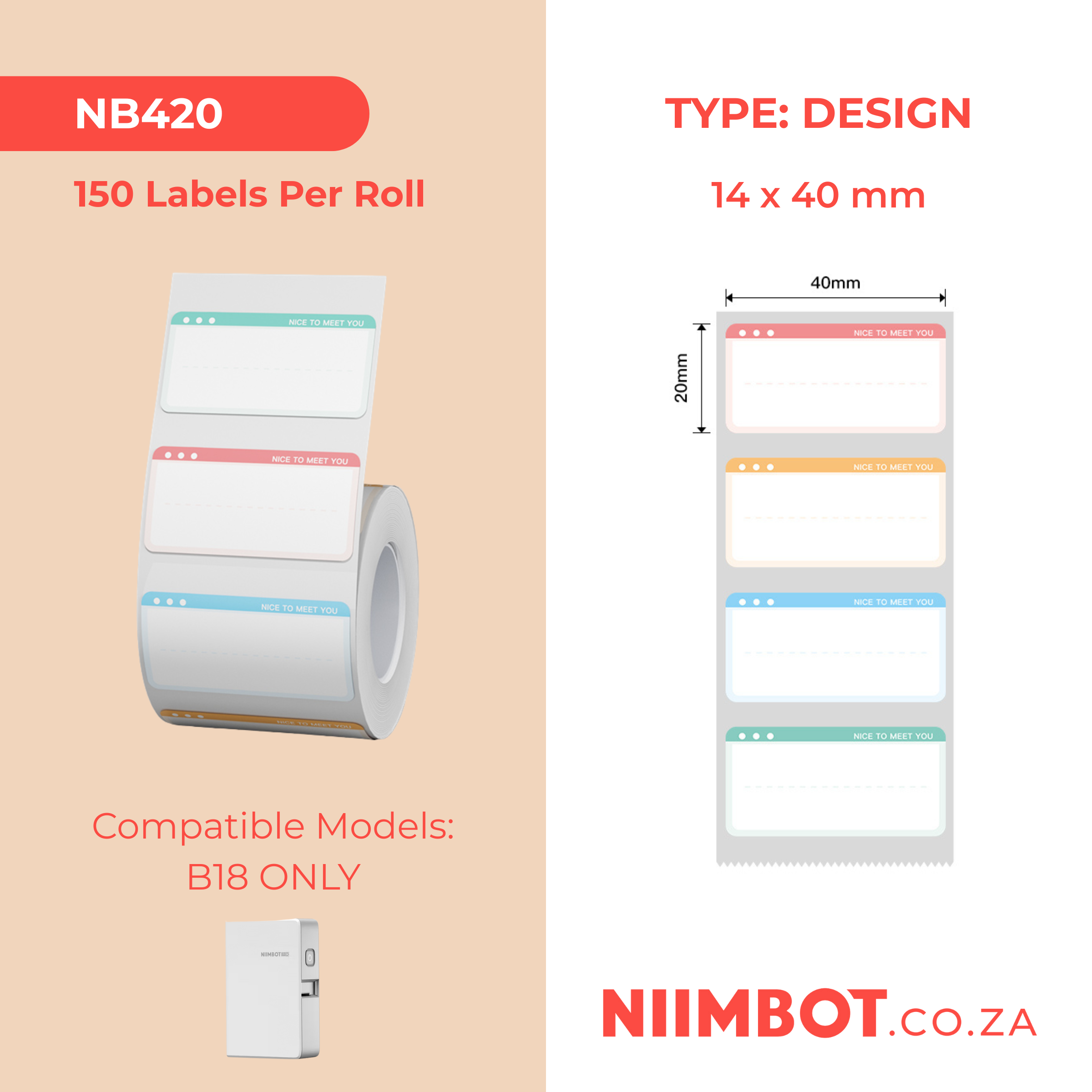 NB420 - NIIMBOT - B18 / N1 - EW14X40mm - 150 LABELS PER ROLL - NICE TO MEET YOU DESIGN
