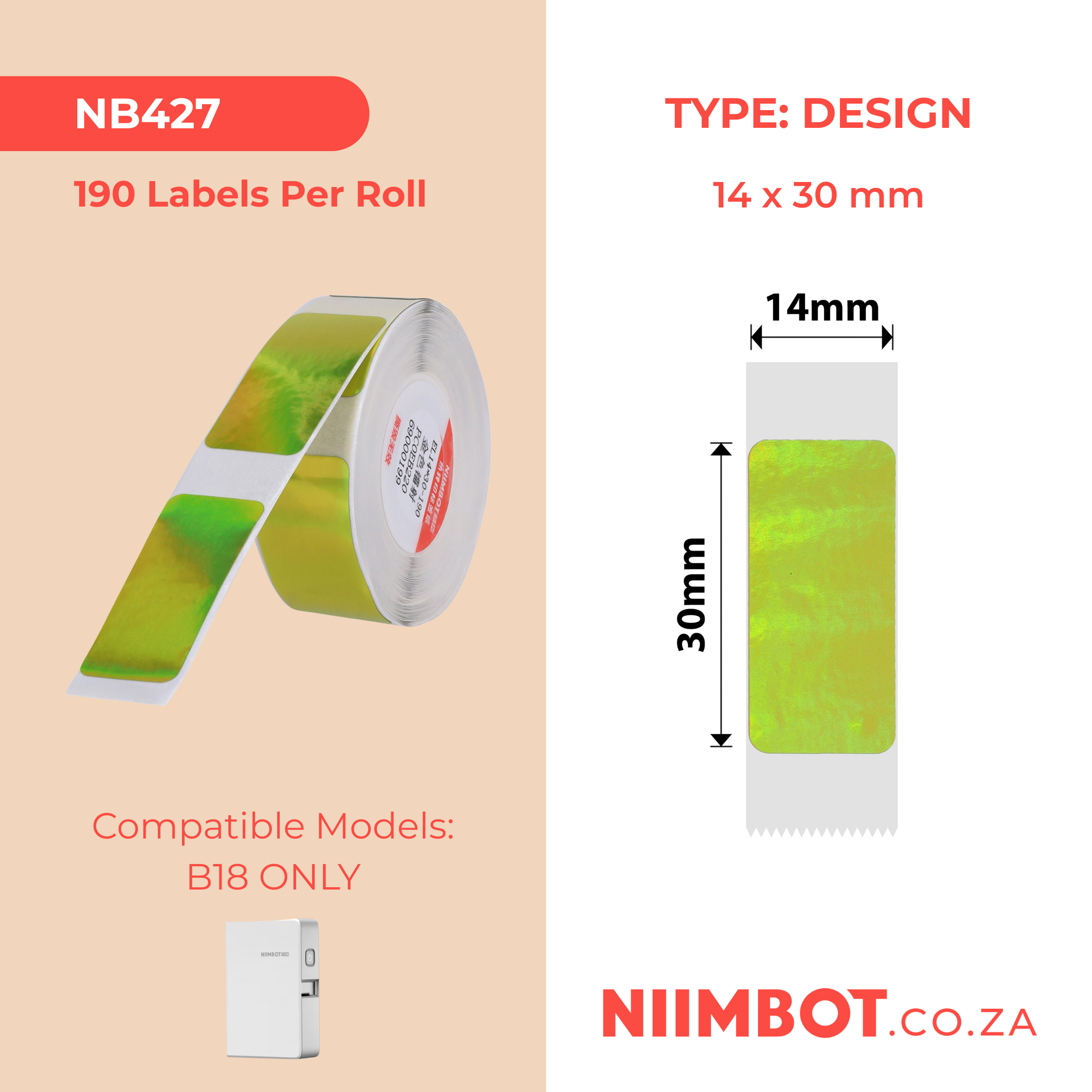 NB427 - NIIMBOT - B18 / N1 - EL14X30mm - 190 LABELS PER ROLL - HOLOGRAM - GOLDEN