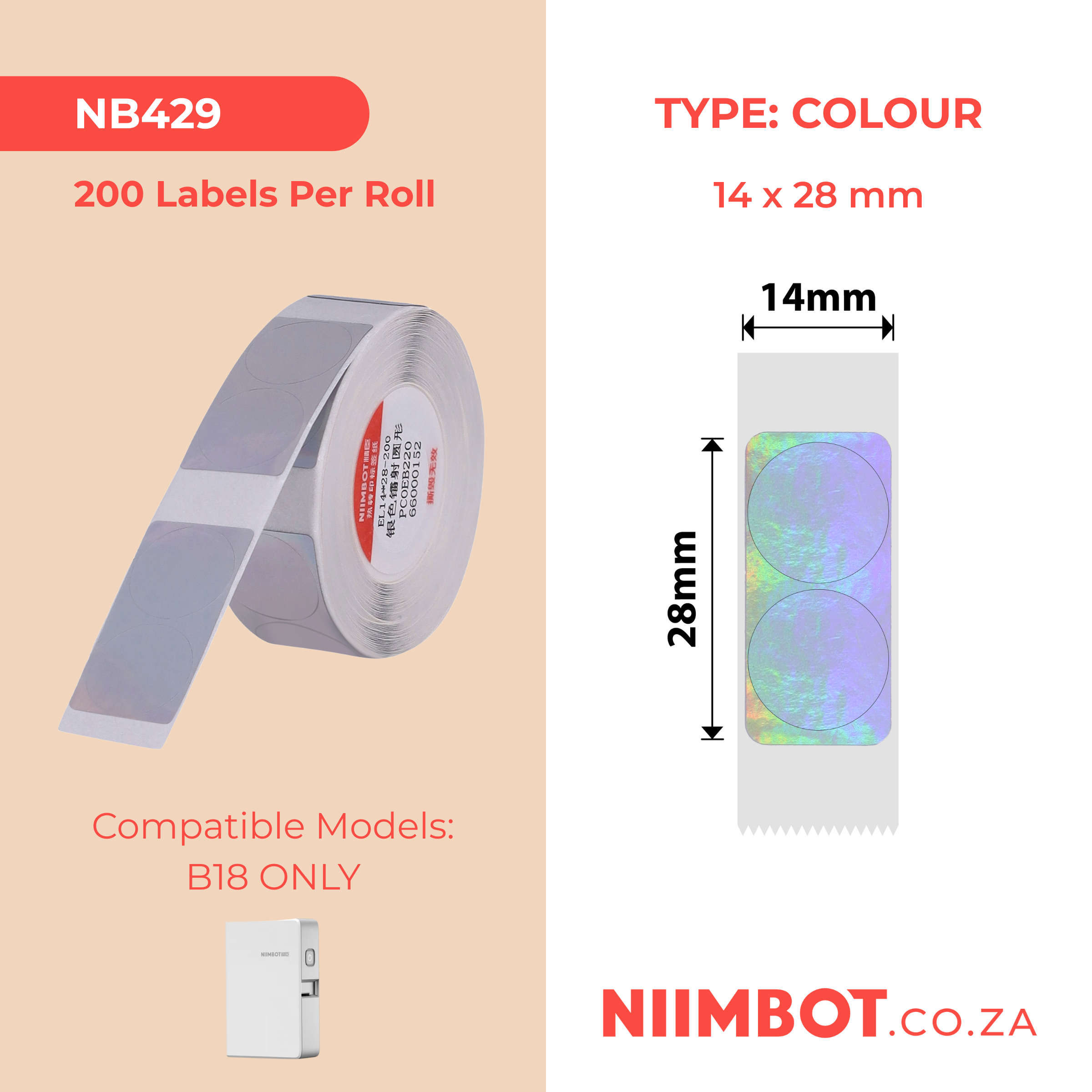 NB429 - NIIMBOT - B18 / N1 - EL14X28mm - 200 LABELS PER ROLL - HOLOGRAM ROUND SILVER