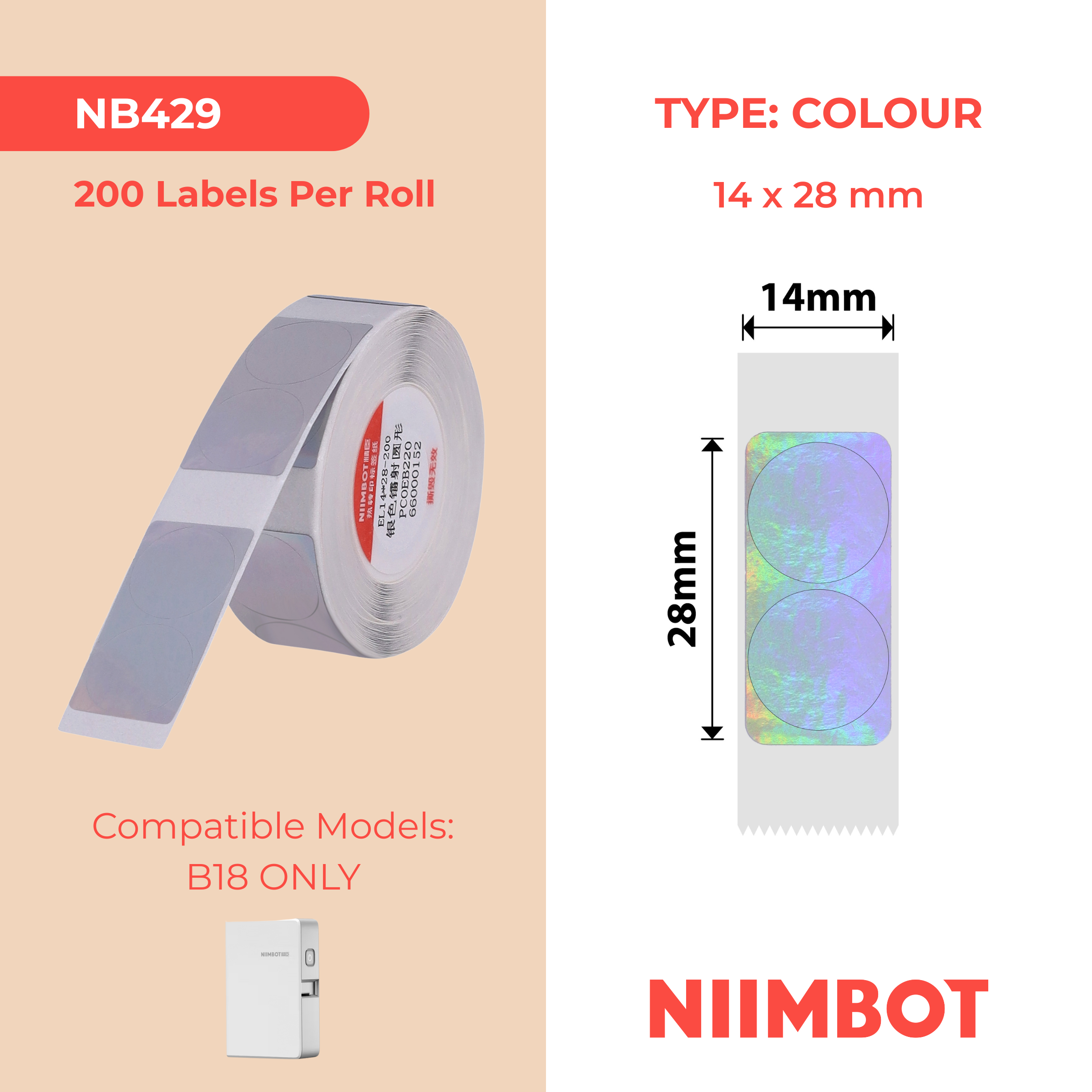 NB429 - NIIMBOT - B18 / N1 - 14X28MM - 200 SILVER ROUND HOLOGRAM LABELS