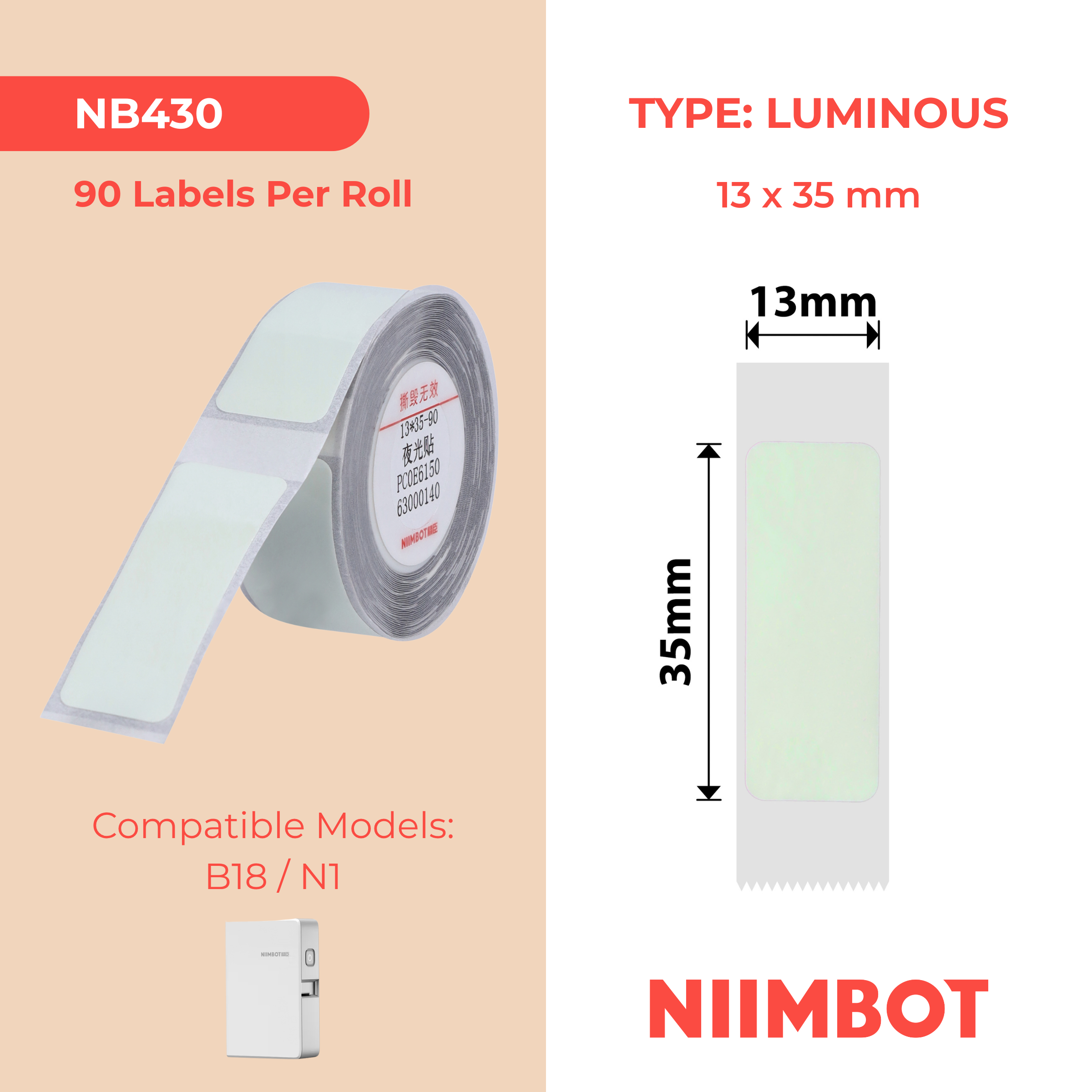 NB430 - Niimbot - N1 - 13x35mm - 90 Luminous Labels