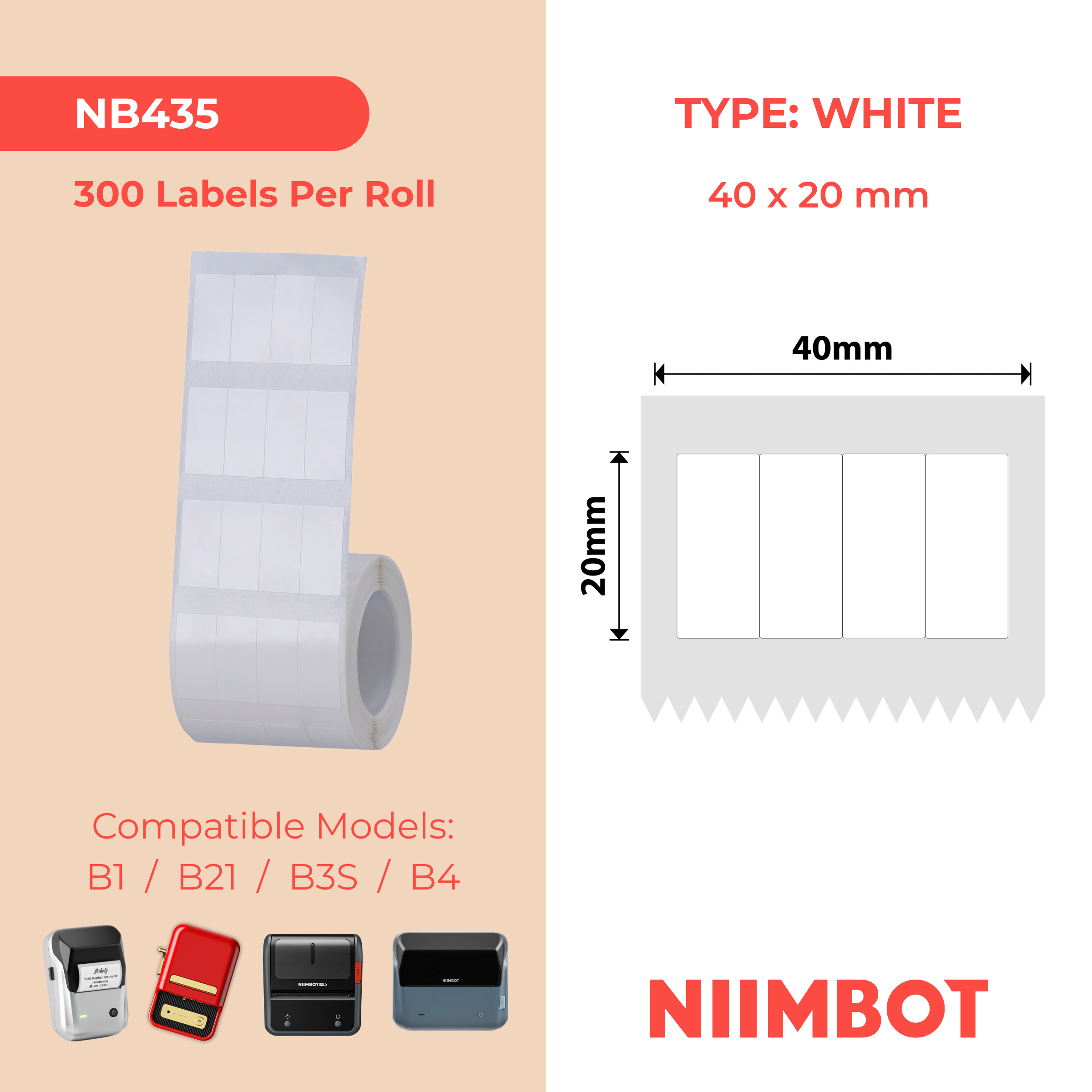 NB435 - Niimbot - B1 / B21 / B31 / B3S / B4 - 10mm X 20mm / 4 Rows - 1,600 White Labels