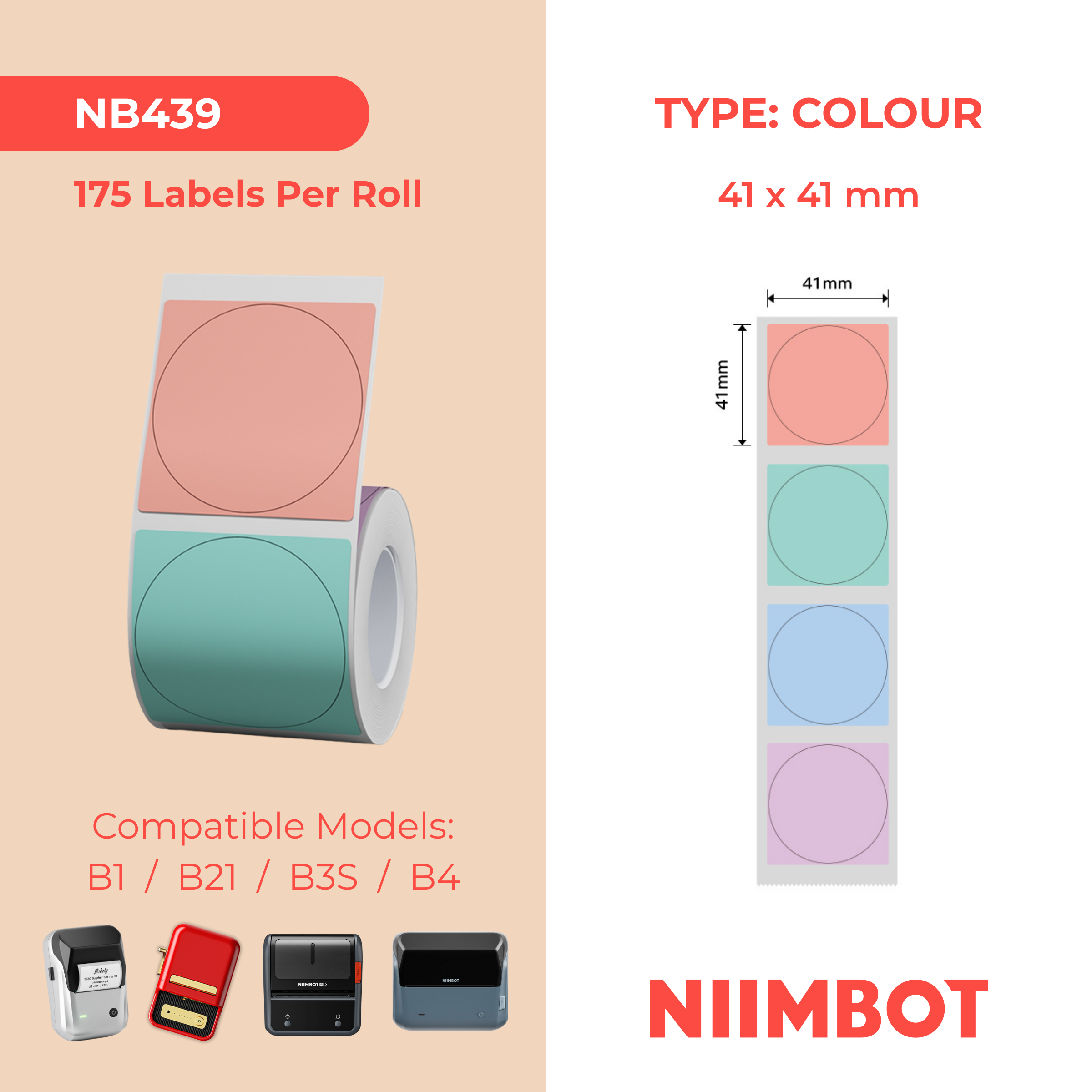 NB439 - NIIMBOT - B1 / B21 / B3S / B4 - T41X41MM - 175 ROUND THERMAL LABELS - MULITI-COLOUR DESIGN