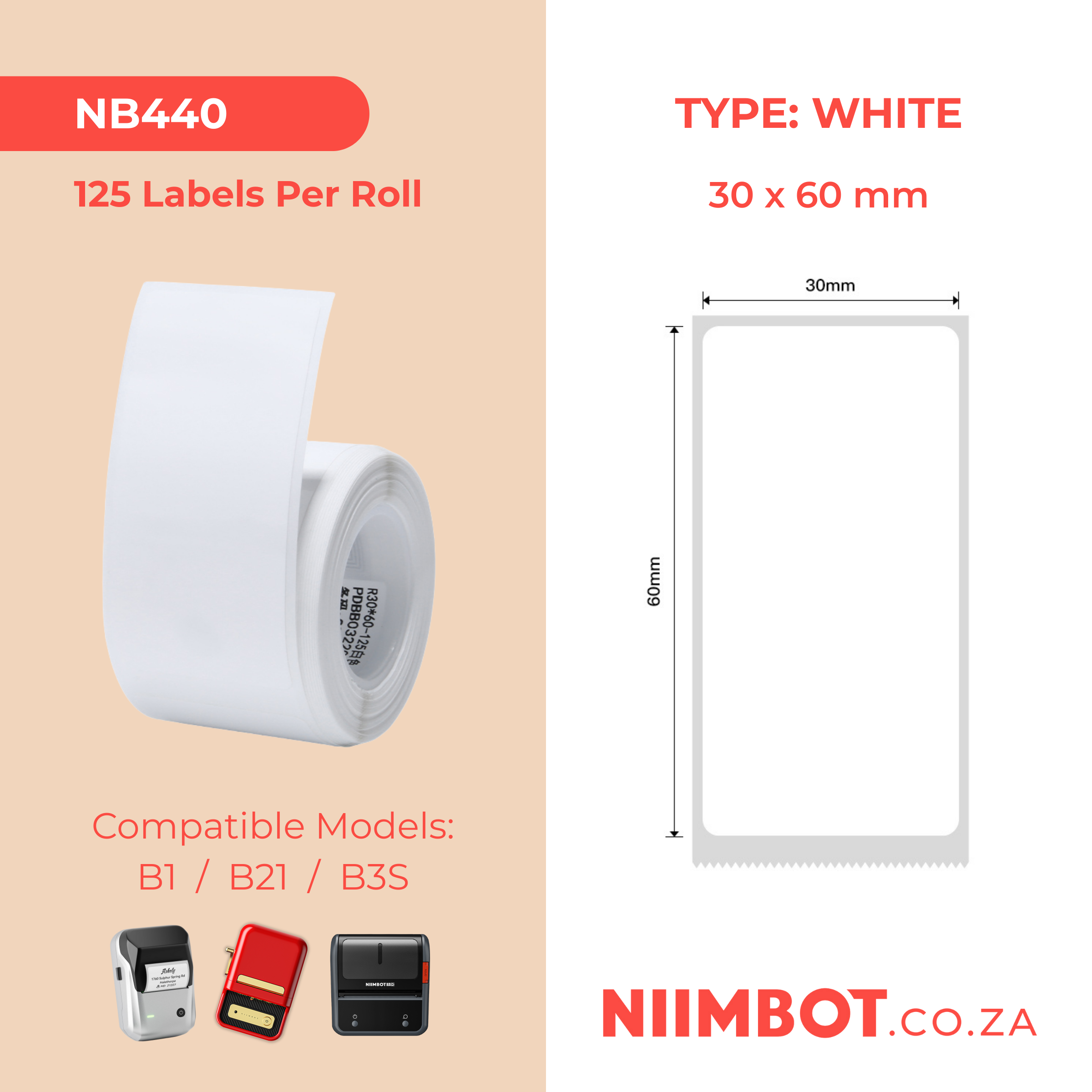 NB440 - NIIMBOT - B1 / B21 / B3S / B4 - 30X60MM - 125 LABELS PER ROLL - WHITE