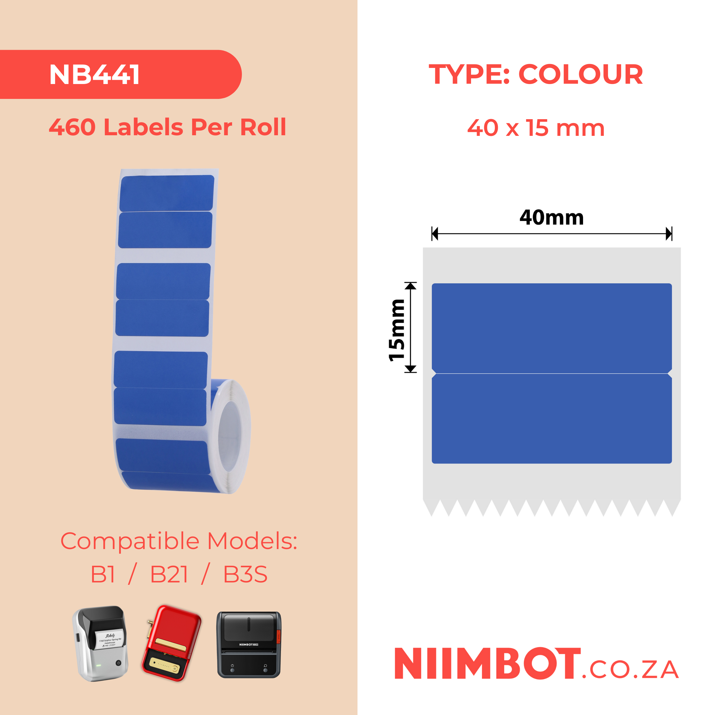 NB441 - NIIMBOT - B1 / B21 / B3S / B4 - 40X15/2MM - 460 BLUE THERMAL LABELS