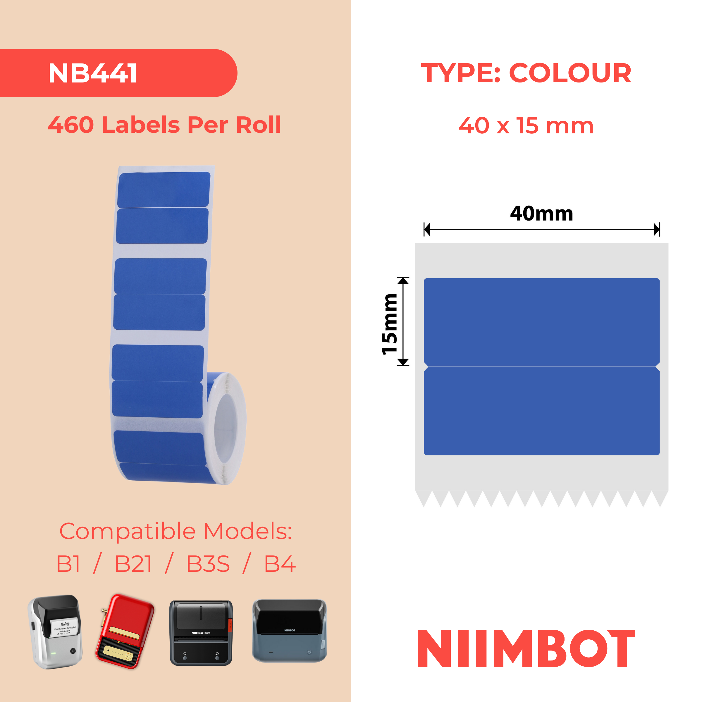 NB441 - Niimbot - B1 / B21 / B31 / B3S / B4 - 40x15/2mm - 460 Blue Thermal Labels