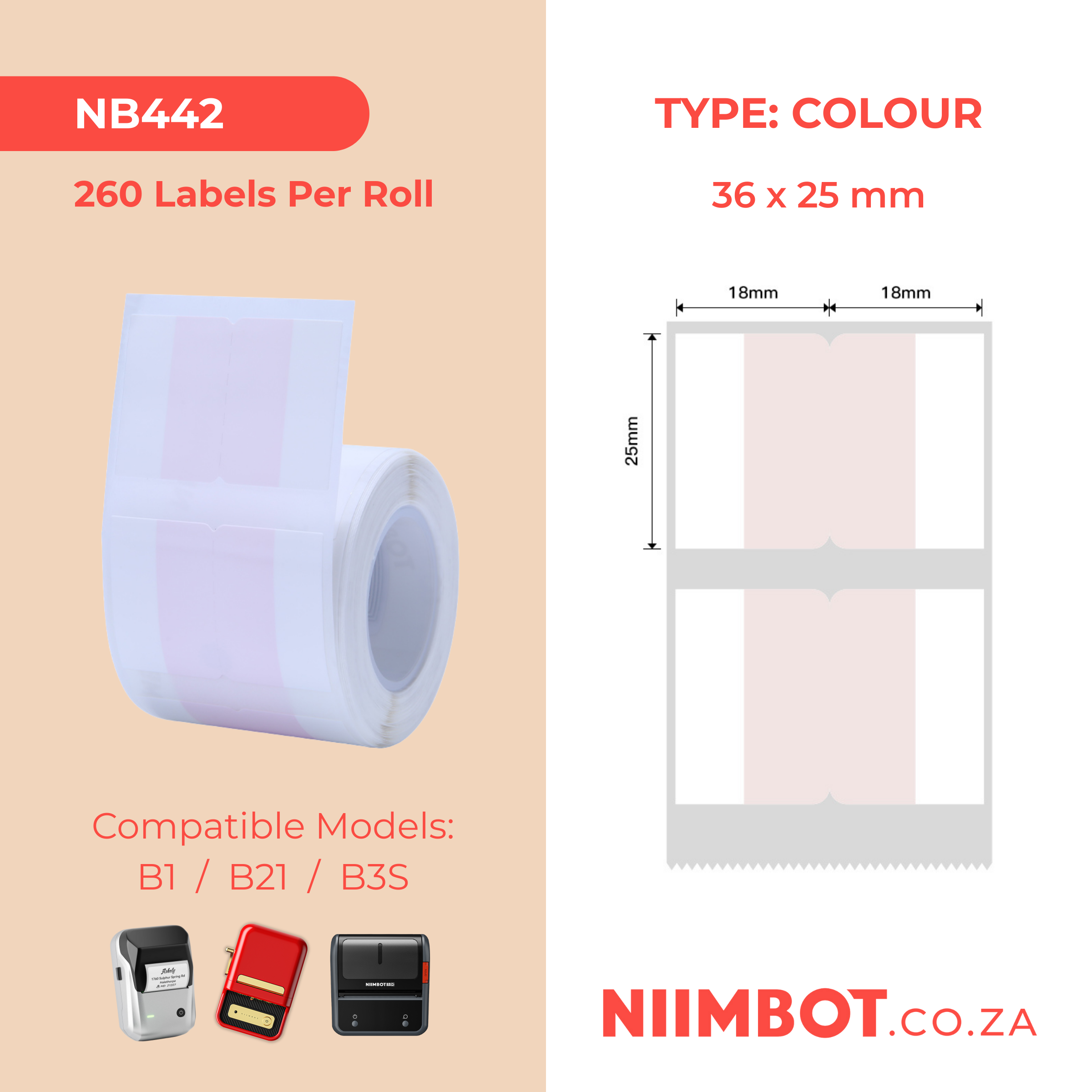 NB442 - NIIMBOT - B1 / B21 / B3S / B4 - T36X25MM - 260 LABELS PER ROLL - PINK INDEX STICKER DESIGN