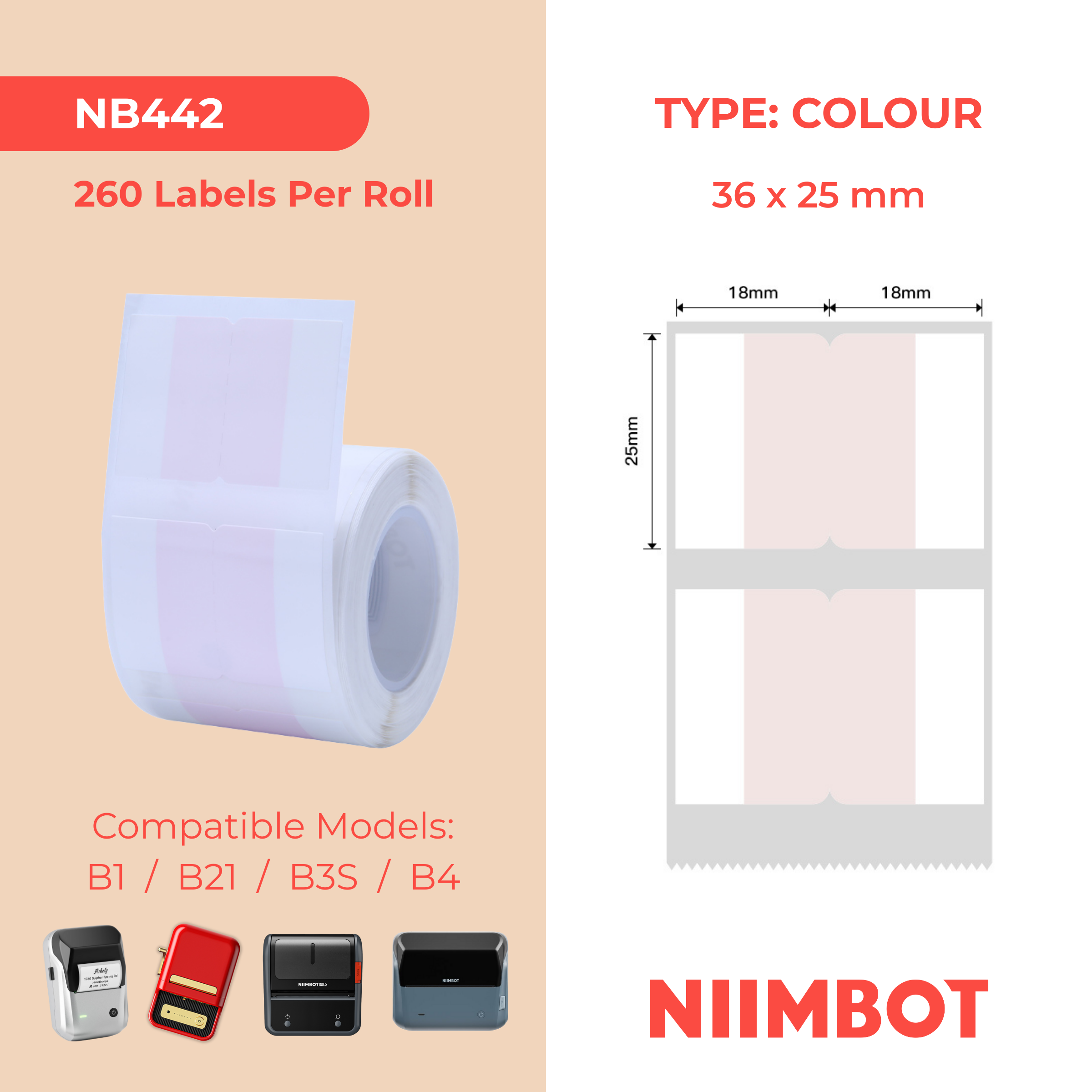 NB442 - Niimbot - B1 / B21 / B31 / B3S / B4 - 36x25mm - 260 Pink Index Sticker Labels