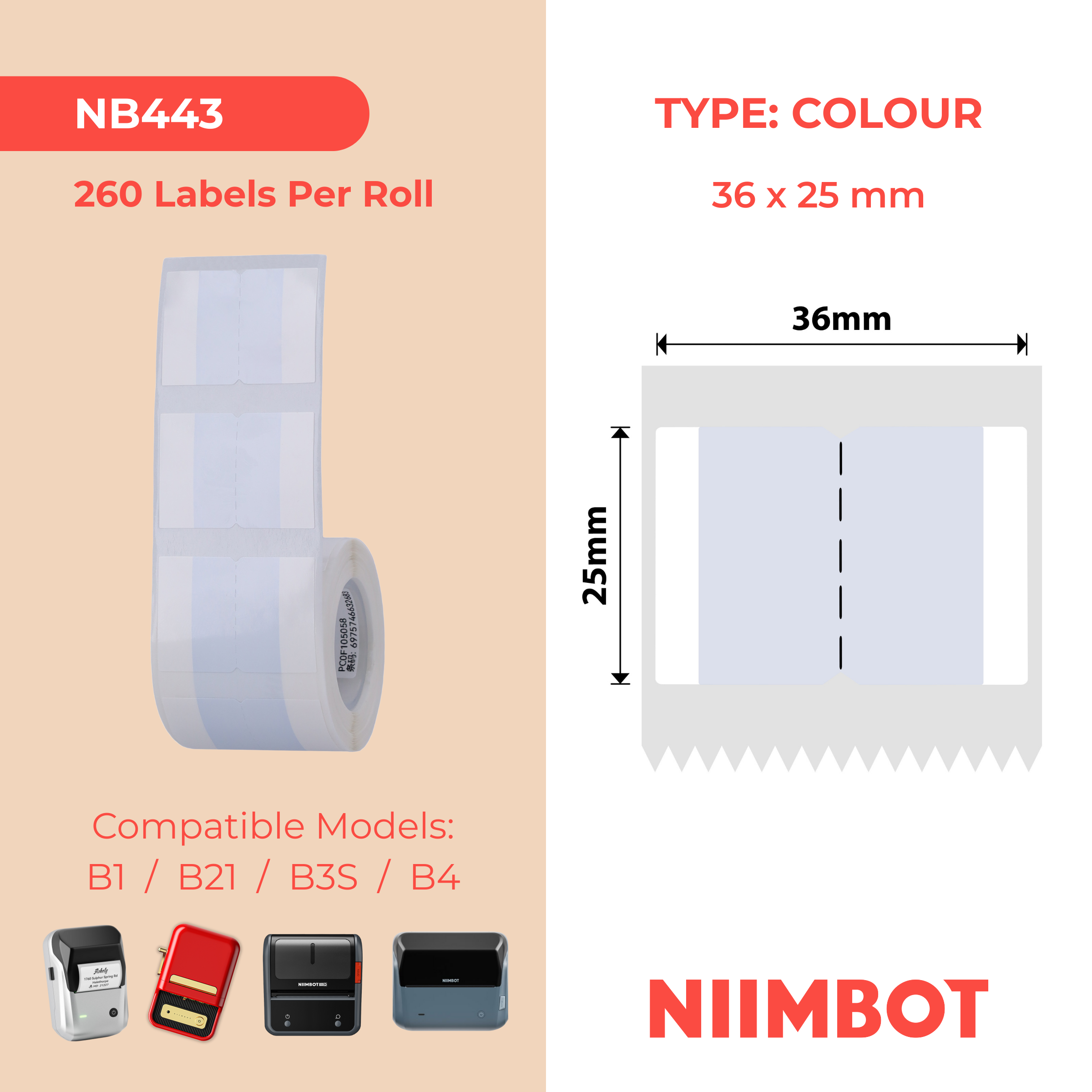 NB443 - Niimbot - B1 / B21 / B31 / B3S / B4 - 36x25mm - 260 Grey Index Sticker Labels