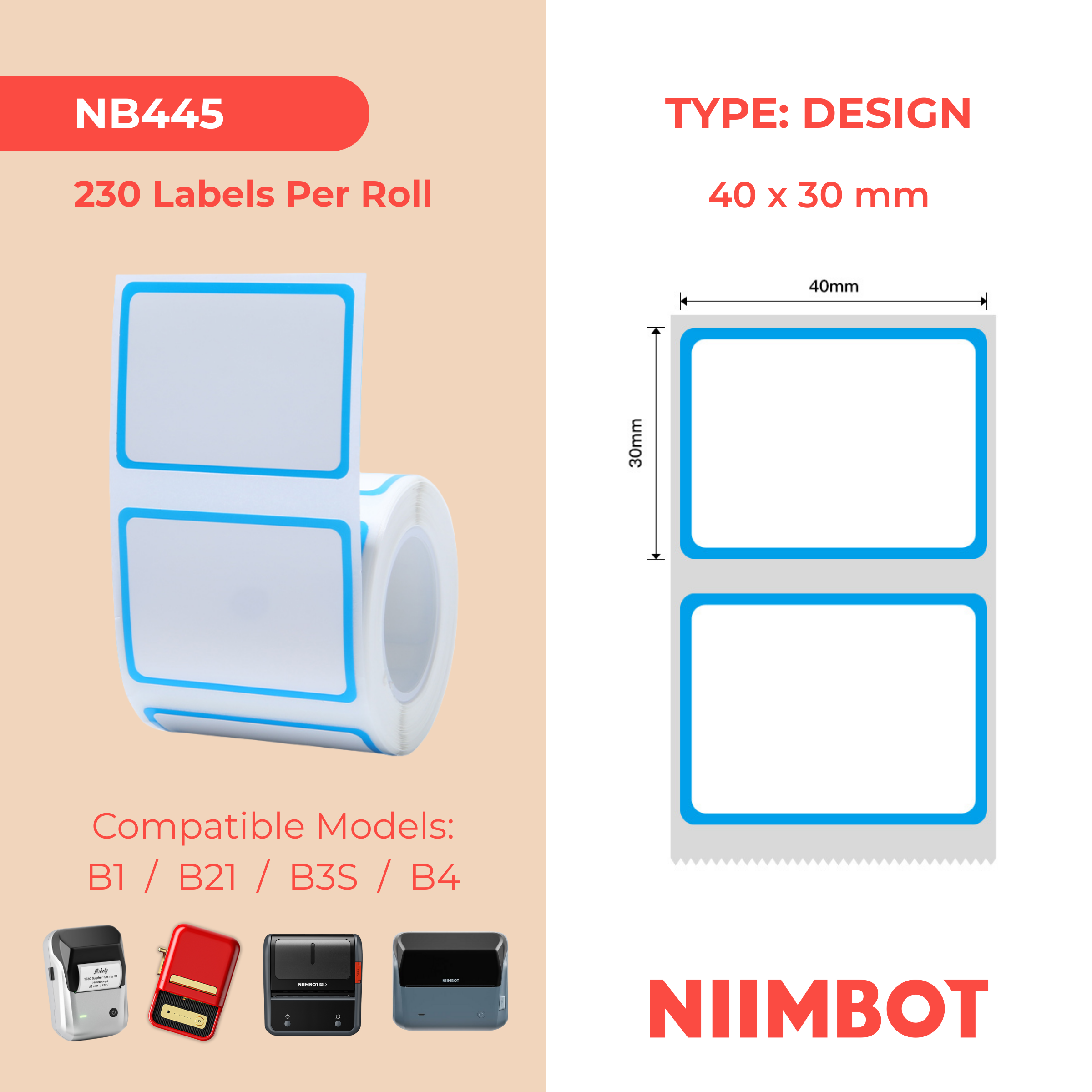 NB445 - Niimbot - B1 / B21 / B31 / B3S / B4 - 40x30mm - 230 Blue Frame Labels