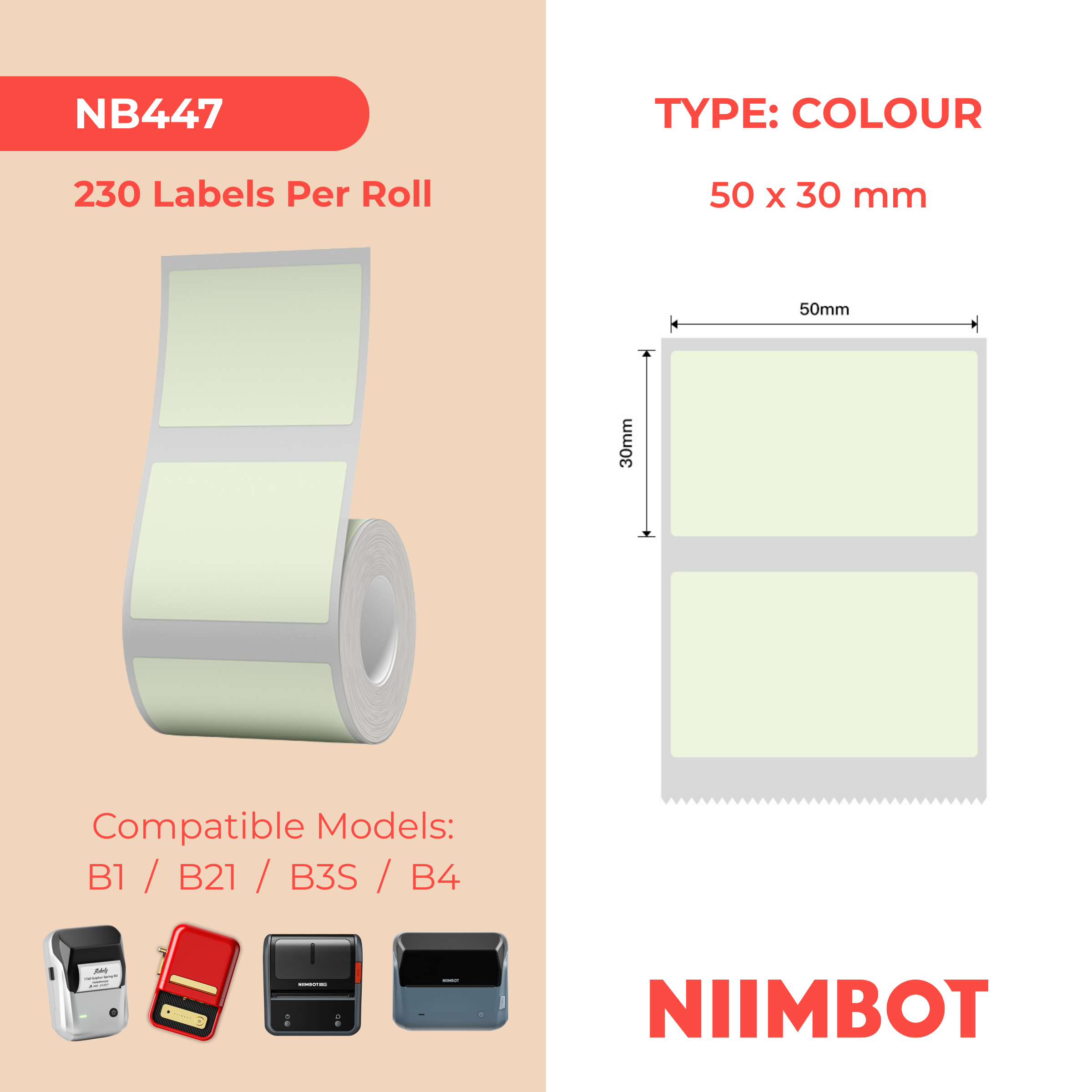 NB447 - Niimbot - B1 / B21 / B31 / B3S / B4 - 50x30mm - 230 Green Labels