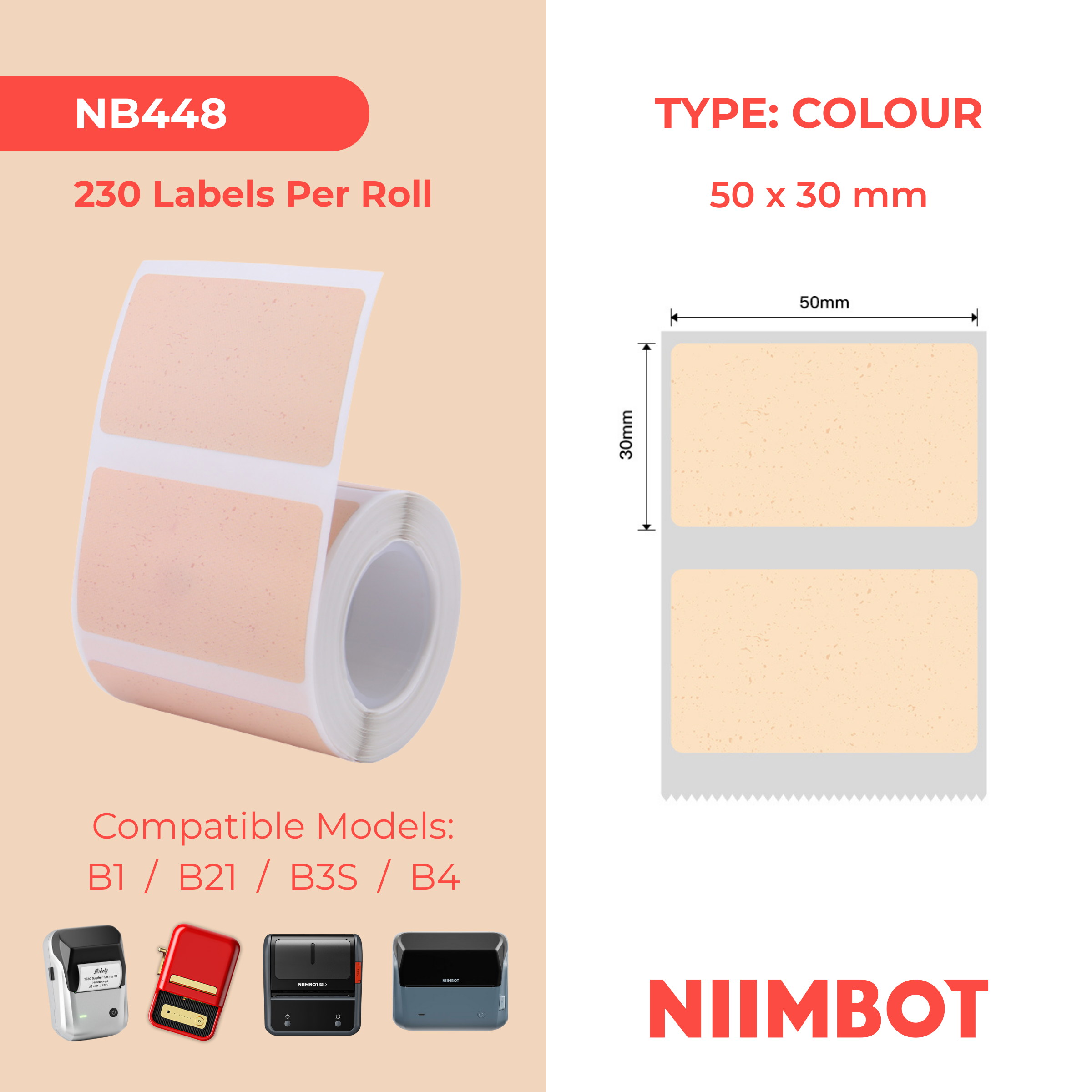 NB448 - NIIMBOT - B1 / B21 / B3S / B4 - 50X30MM - 230 THERMAL LABELS - CRAFT PAPER COLOUR DESIGN