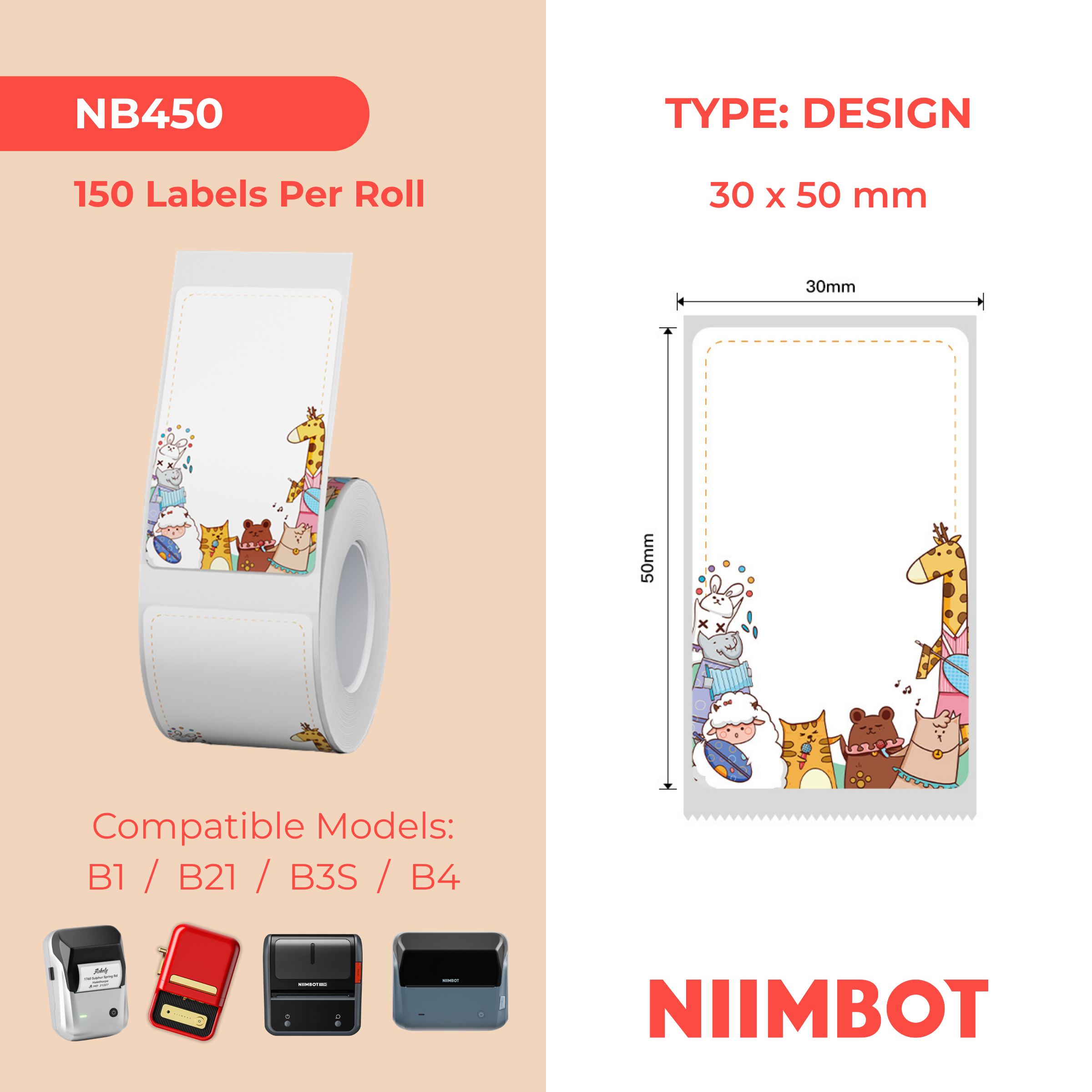 NB450 - Niimbot - B1 / B21 / B31 / B3S / B4 - 30x50mm - 150 Fun Animal Labels