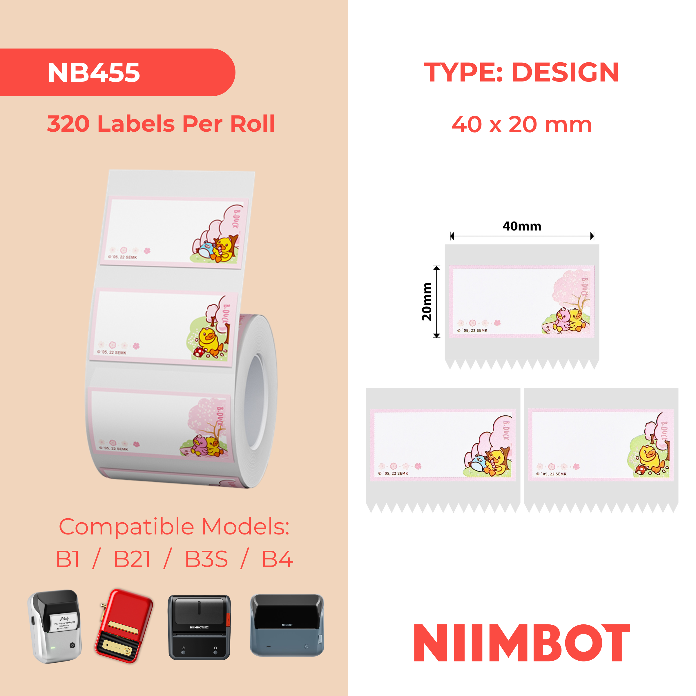 NB455 - Niimbot - B1 / B21 / B31 / B3S / B4 - 40x20mm - 320 Duck & Cherry Blossom Labels