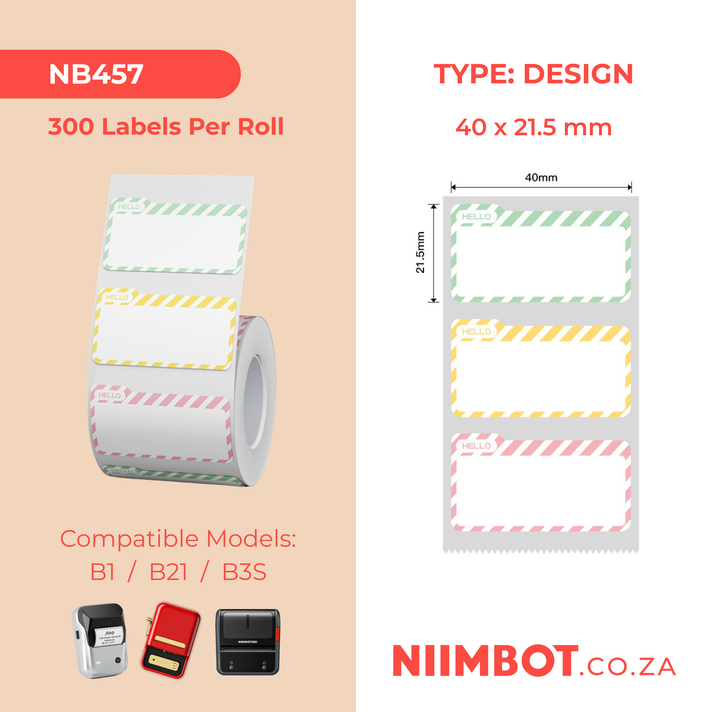NB457 - NIIMBOT - B1 / B21 / B3S / B4 - 40X21.5MM - 300 THERMAL LABLES (MULTI-COLOUR) - HELLO NAME TAG DESIGN