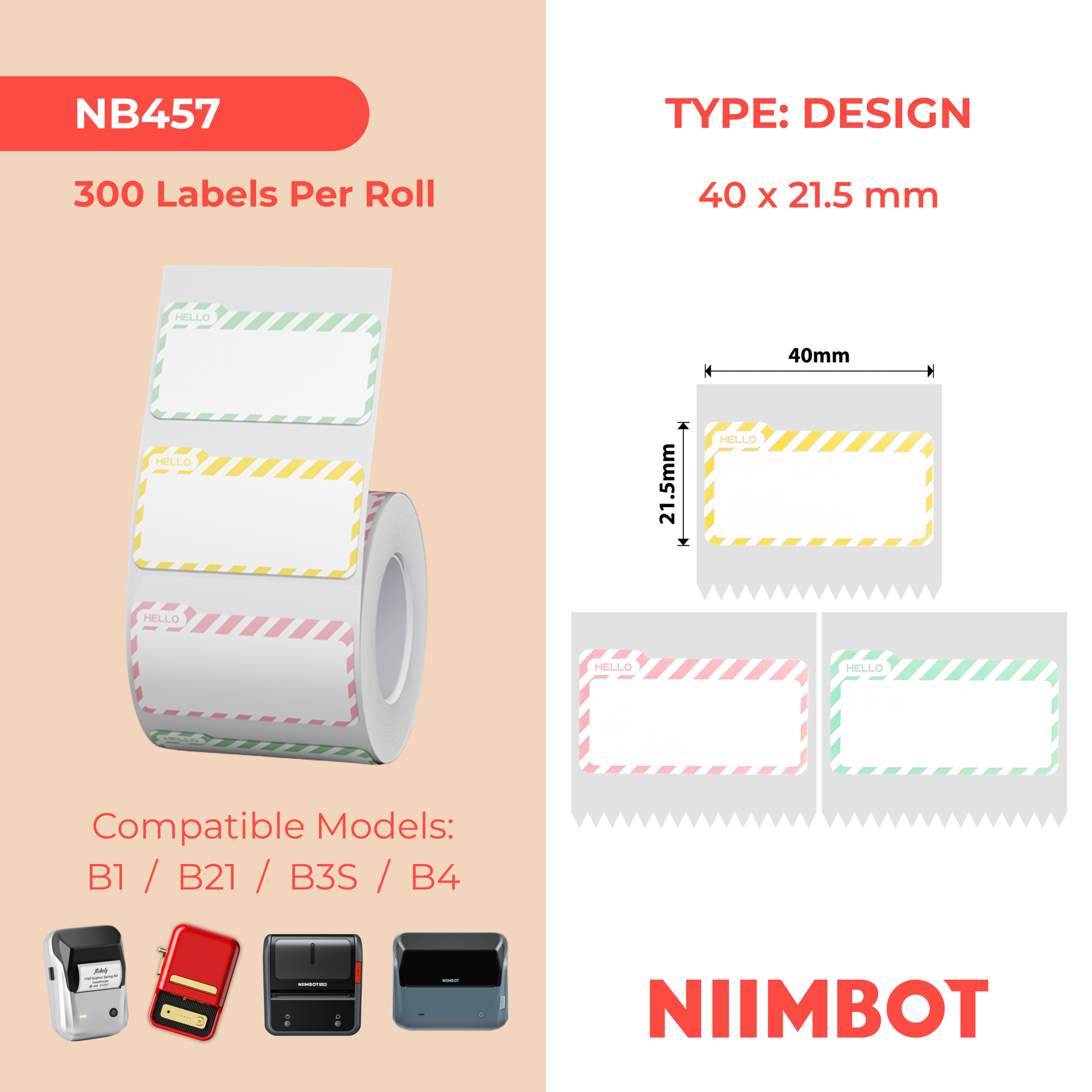 NB457 - Niimbot - B1 / B21 / B31 / B3S / B4 - 40x21.5mm - 300 Hello Name Tag Multi-Colour Labels