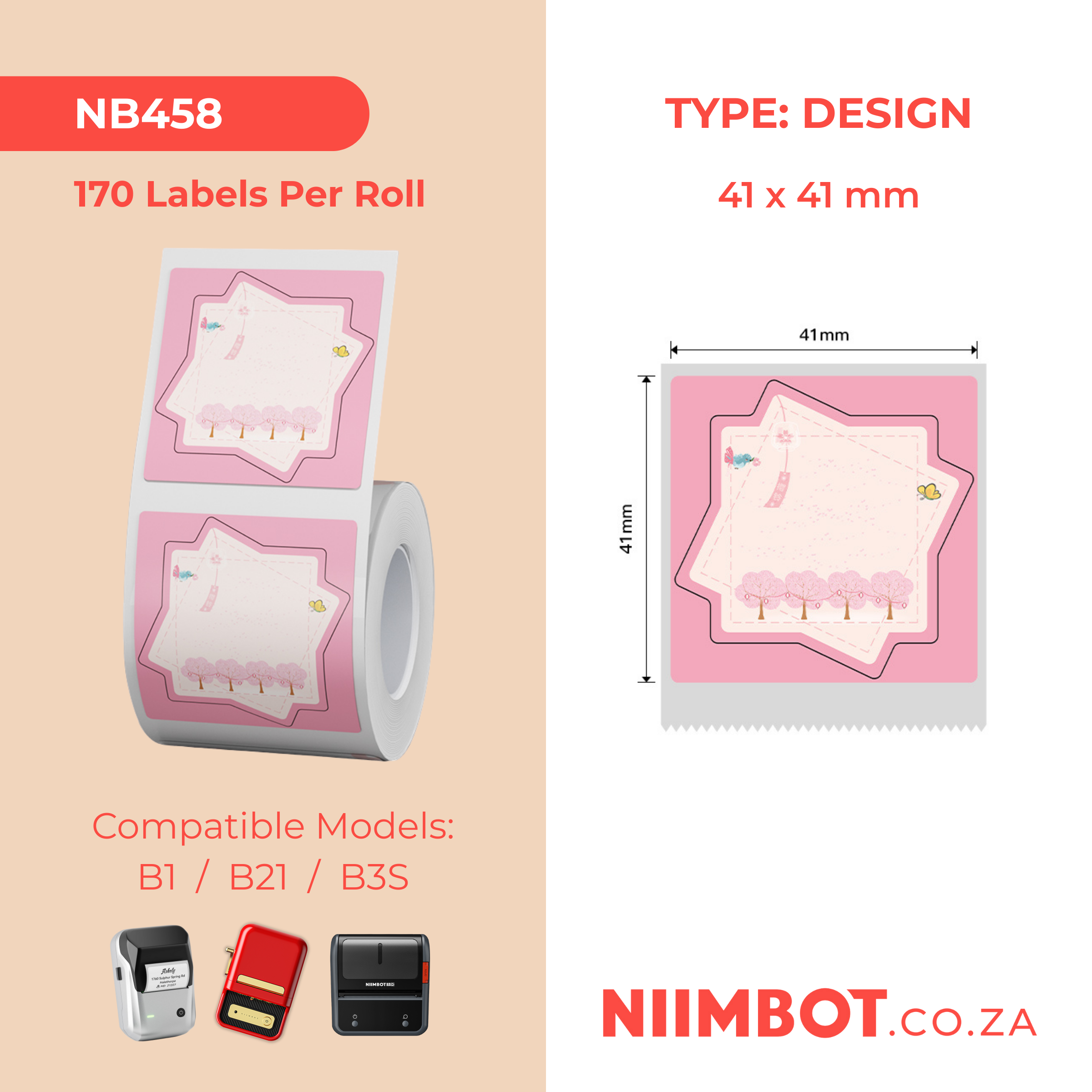 NB458 - NIIMBOT - B1 / B21 / B3S / B4 - T41X41MM - 170 THERMAL LABELS - CHERRY BLOSSOM DESIGN