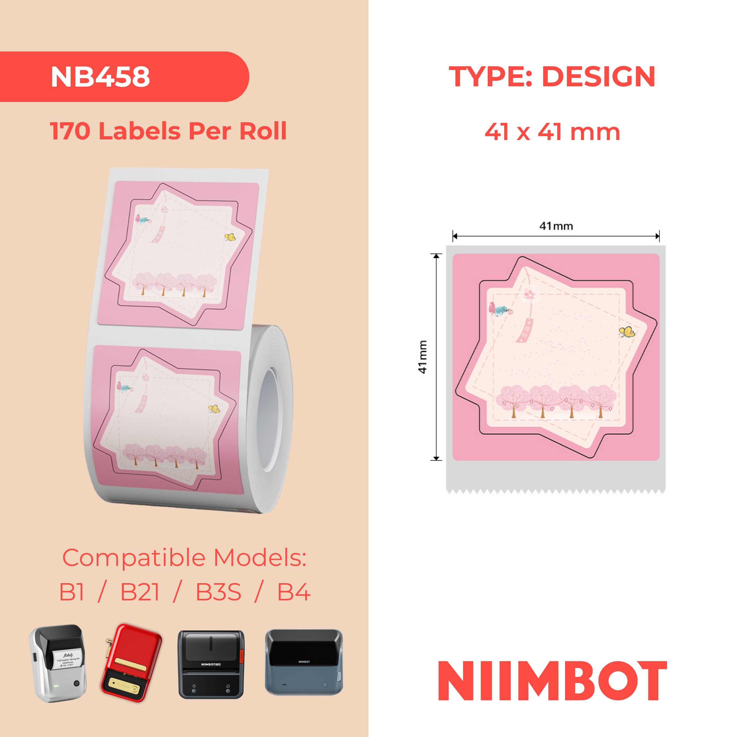 NB458 - Niimbot - B1 / B21 / B31 / B3S / B4 - 41x41mm - 170 Cherry Blossom Labels