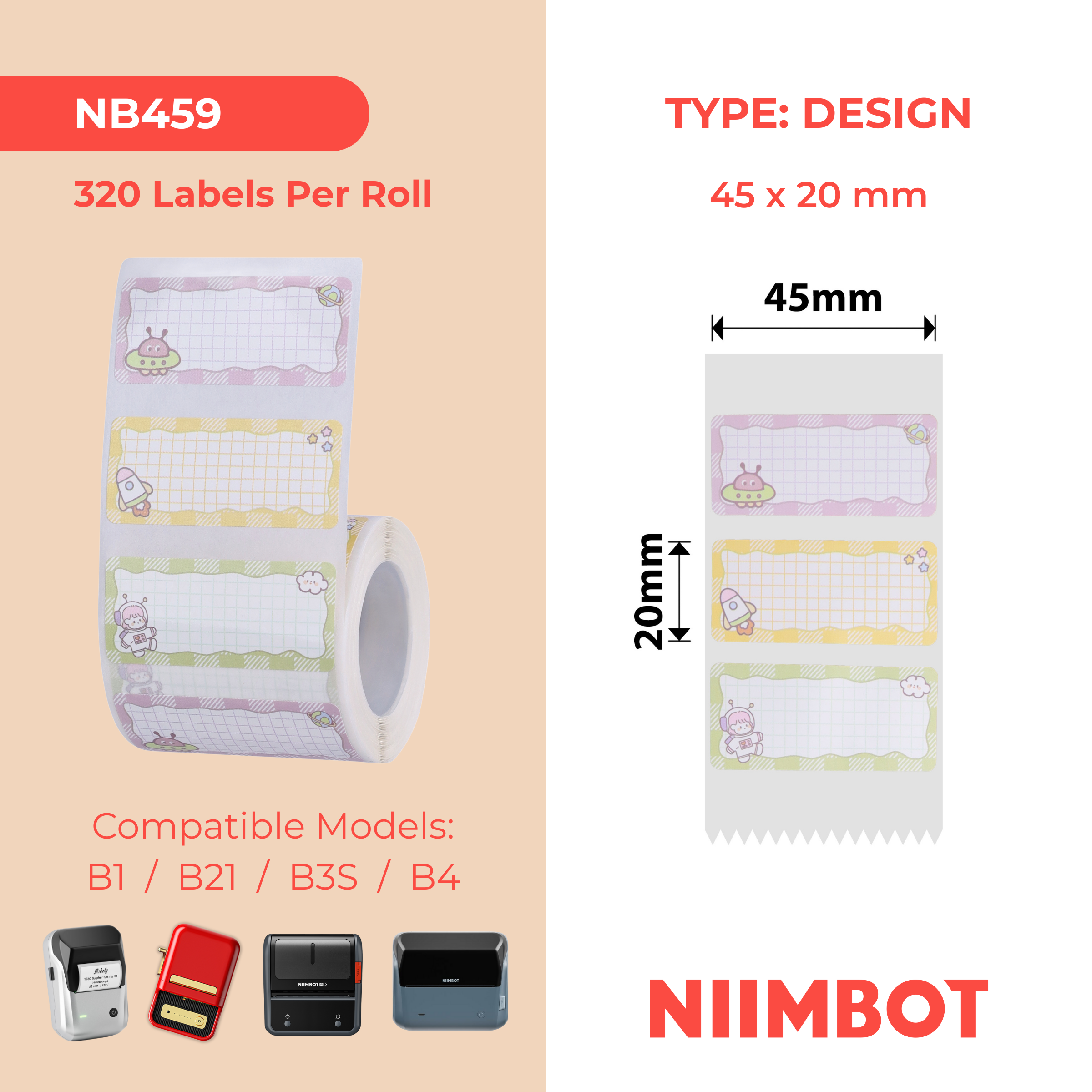 NB459 - Niimbot - B1 / B21 / B31 / B3S / B4 - 45x20mm - 320 Space Squad Labels