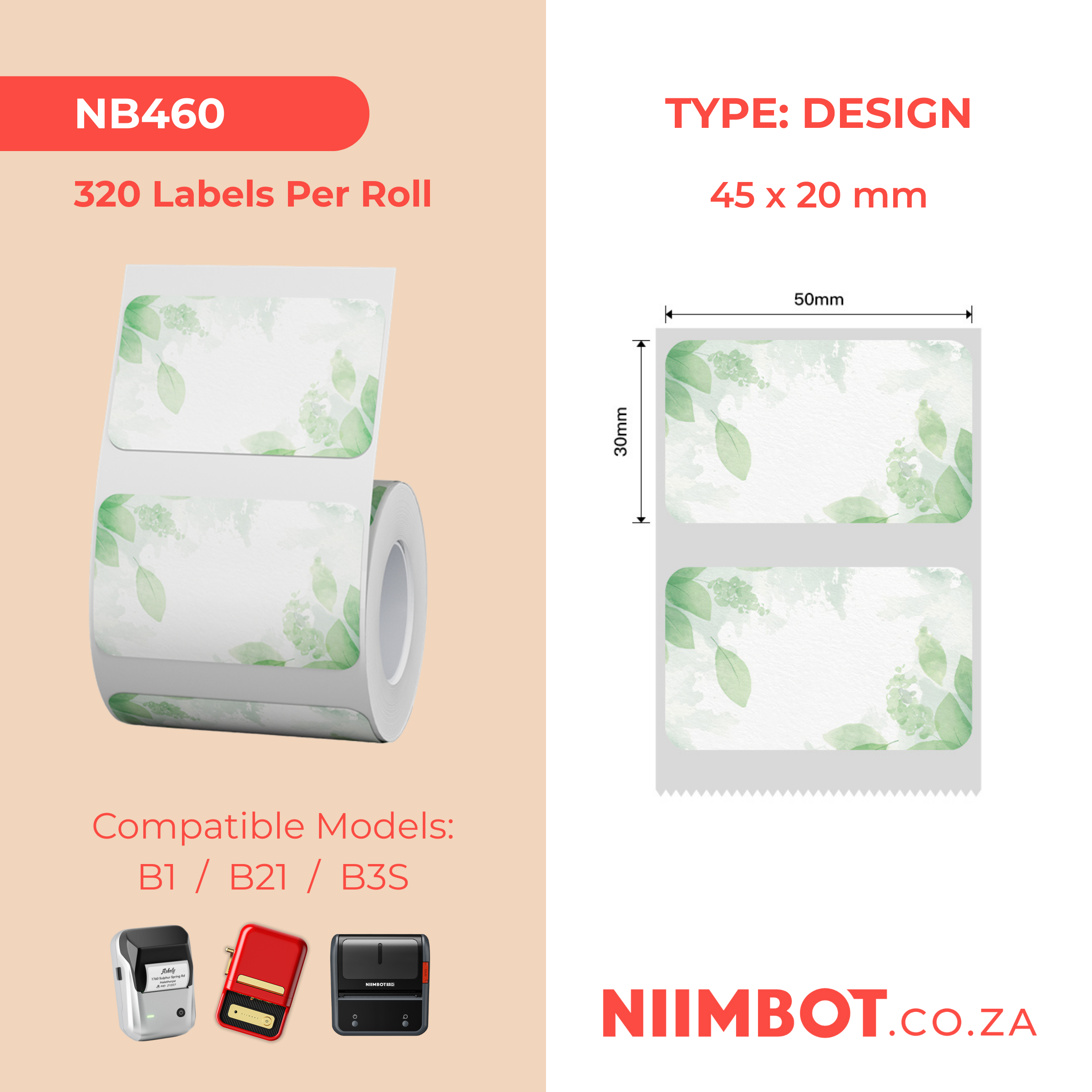 NB460 - NIIMBOT - B1 / B21 / B3S / B4 - T50X30MM - 230 THERMAL LABELS - GREEN LEAF DESIGN