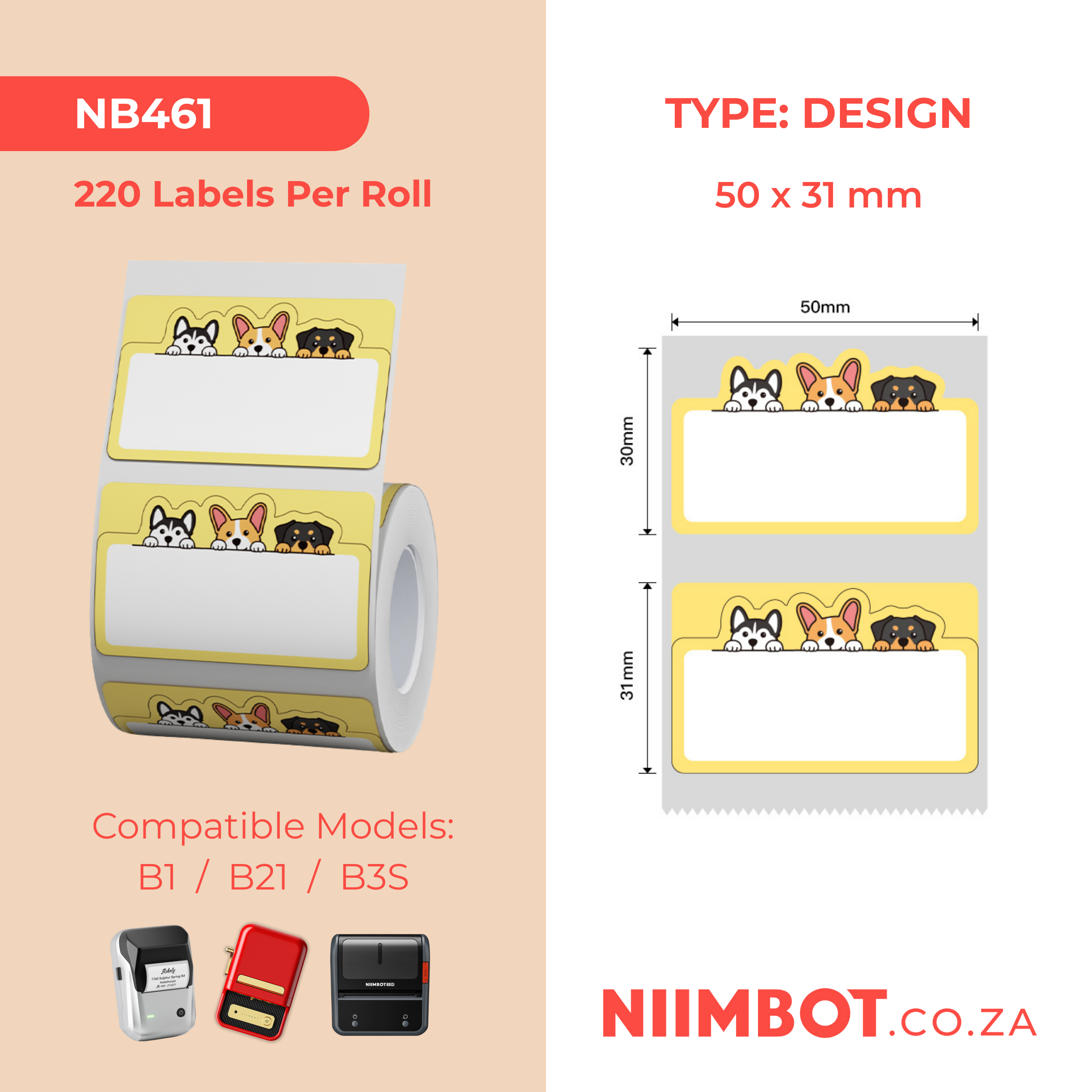 NB461 - NIIMBOT - B1 / B21 / B3S / B4 - 50X31MM - 220 THERMAL LABELS - DOG DESIGN