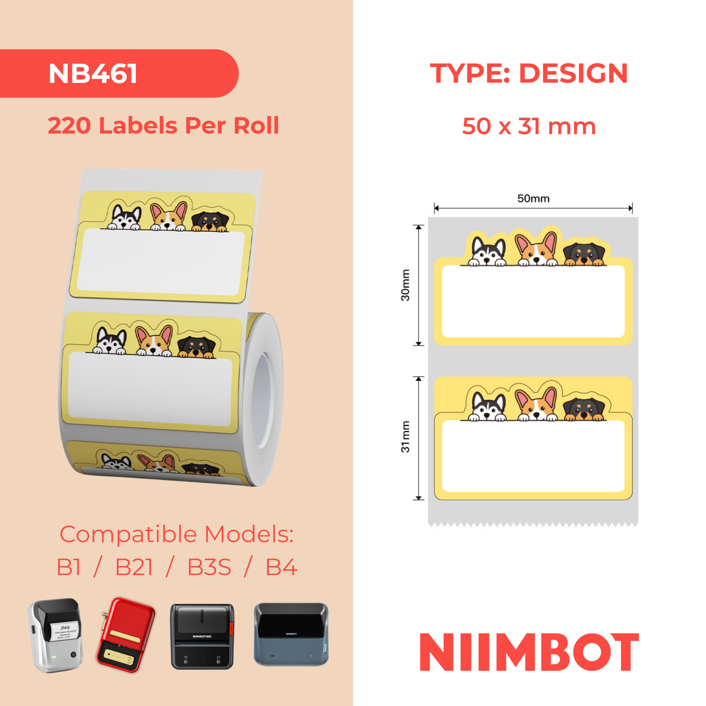 NB461 - NIIMBOT - B1 / B21 / B3S / B4 - 50X31MM - 220 THERMAL LABELS - DOG DESIGN
