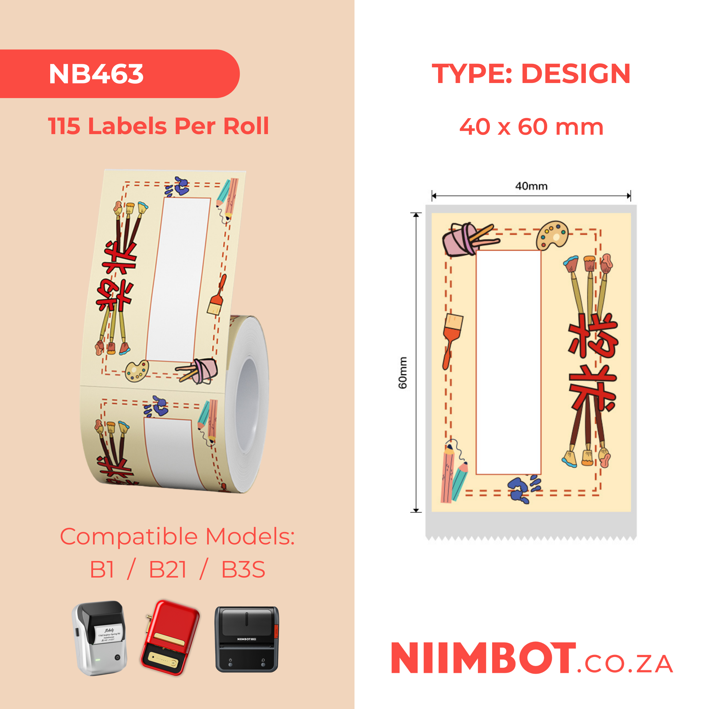 NB463 - NIIMBOT - B1 / B21 / B3S / B4 - 40X60MM - 115 THERMAL LABELS - CREATIVE ART DESIGN
