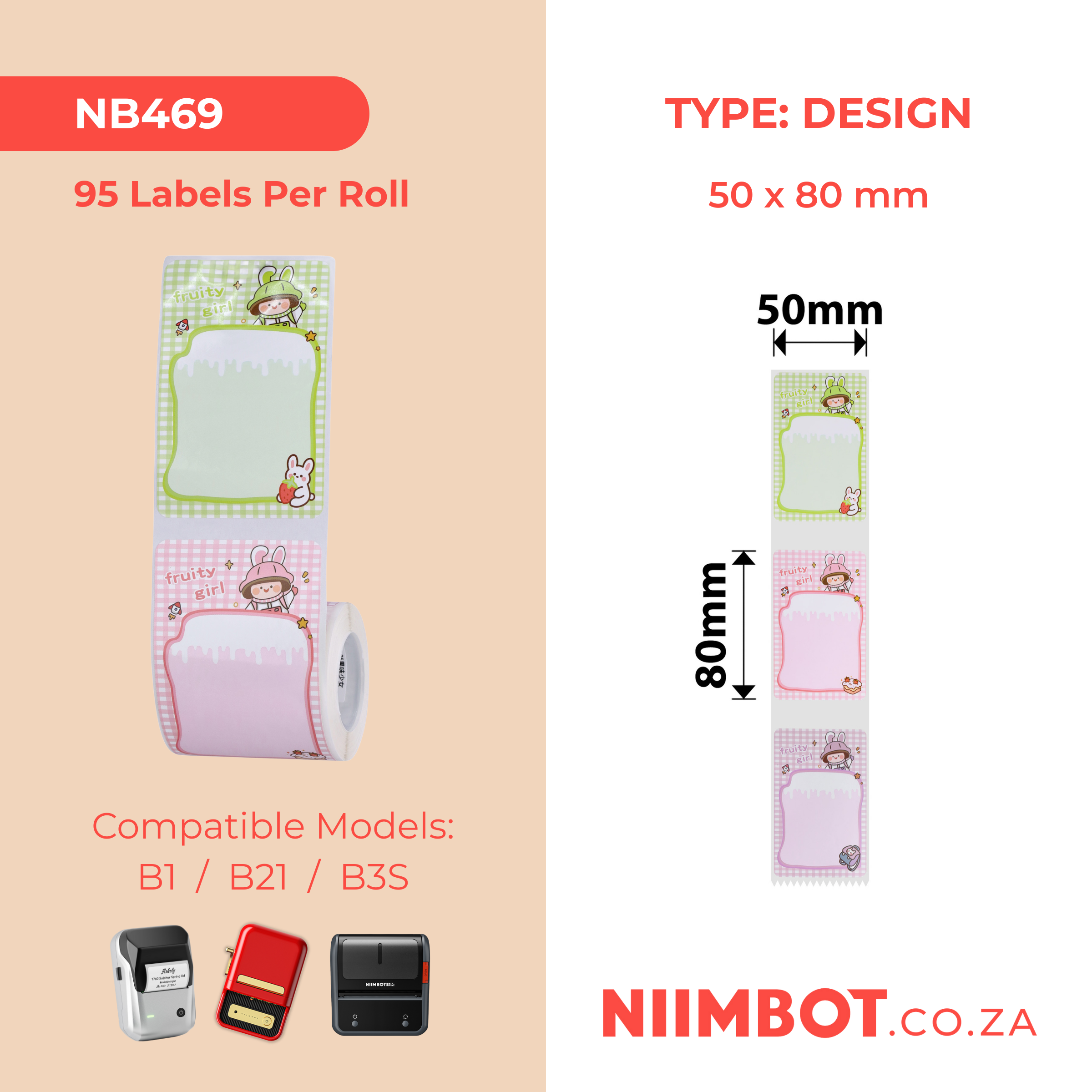 NB469 - NIIMBOT - B1 / B21 / B3S / B4 - 50X80MM - 95 THERMAL LABELS (MULTI-COLOUR) - FRUITY GIRL DESIGN