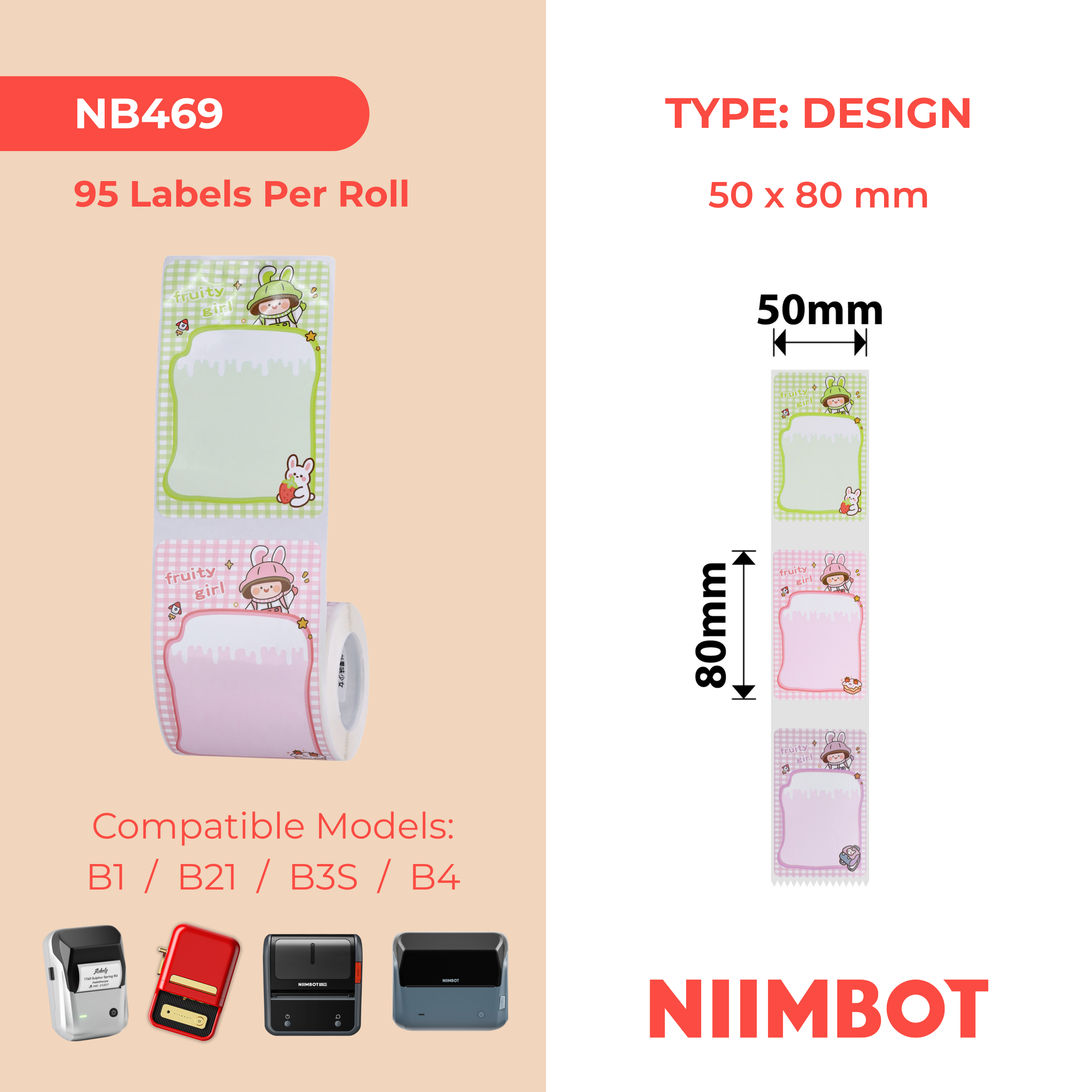 NB469 - NIIMBOT - B1 / B21 / B3S / B4 - 50X80MM - 95 THERMAL LABELS (MULTI-COLOUR) - FRUITY GIRL DESIGN