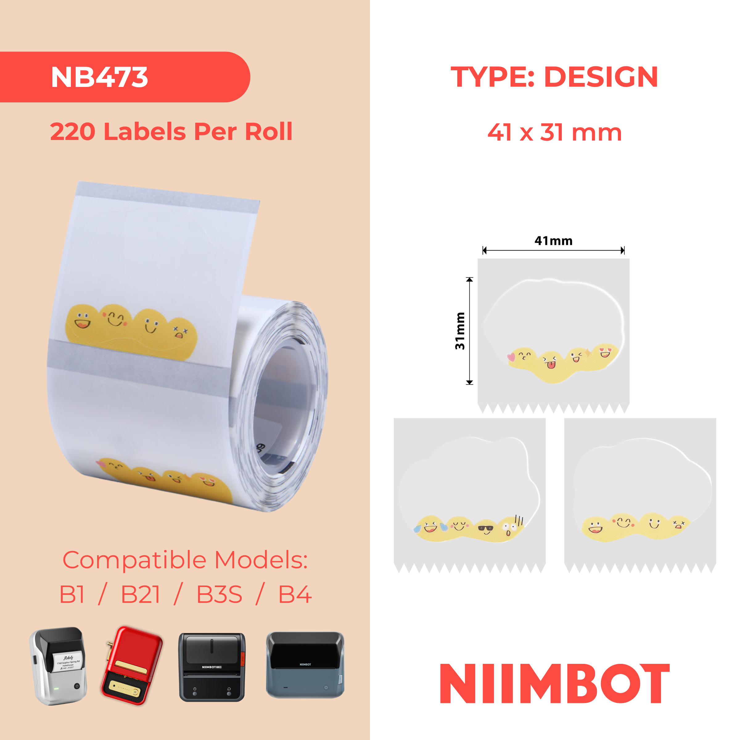 NB473 - Niimbot - B1 / B21 / B31 / B3S / B4 - 41x31mm - 220 Cute Emojis Labels