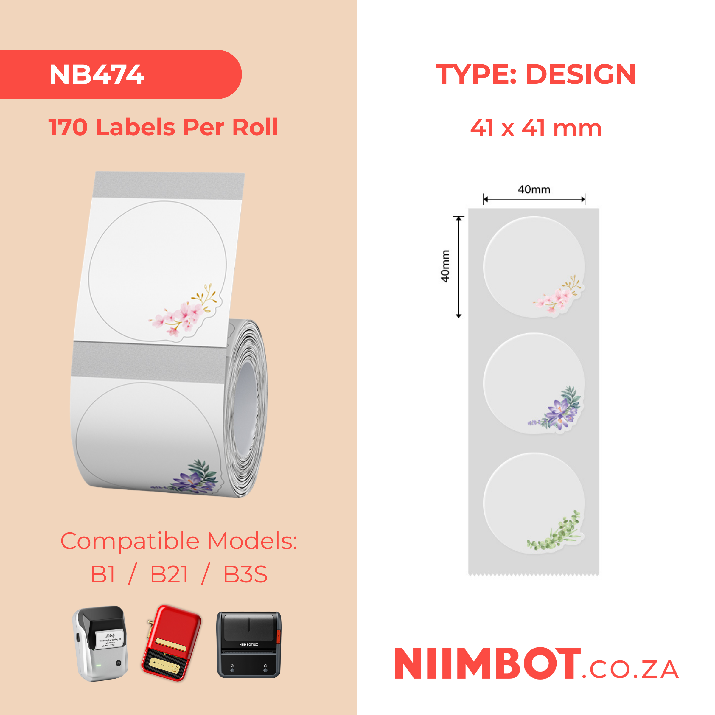 NB474 - NIIMBOT - B1 / B21 / B3S / B4 - 41X41MM - 170 LABELS PER ROLL - WHISPERING FLOWERS DESIGN - TRANSPARENT
