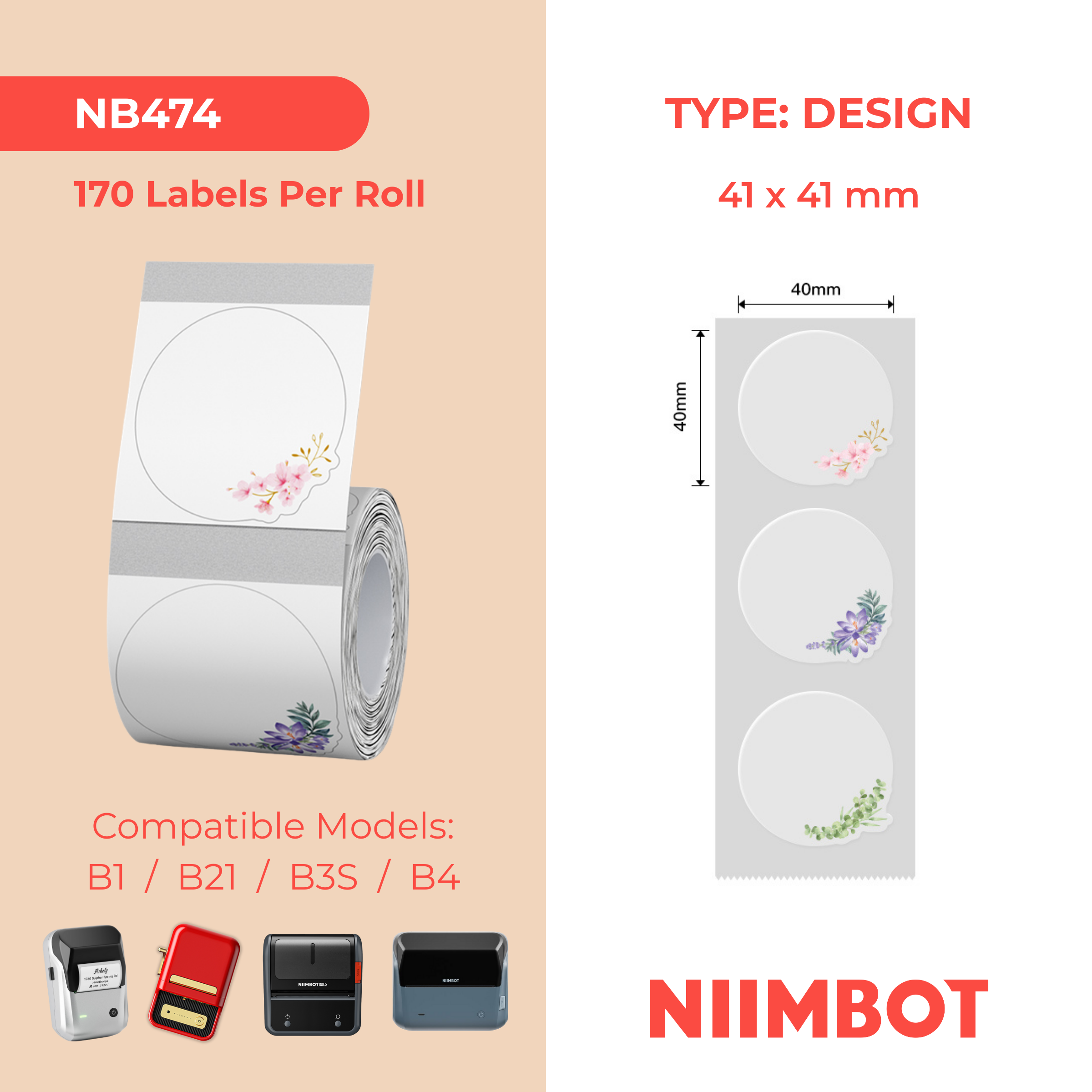 NB474 - NIIMBOT - B1 / B21 / B3S / B4 - 41X41MM - 170 LABELS PER ROLL - WHISPERING FLOWERS DESIGN - TRANSPARENT