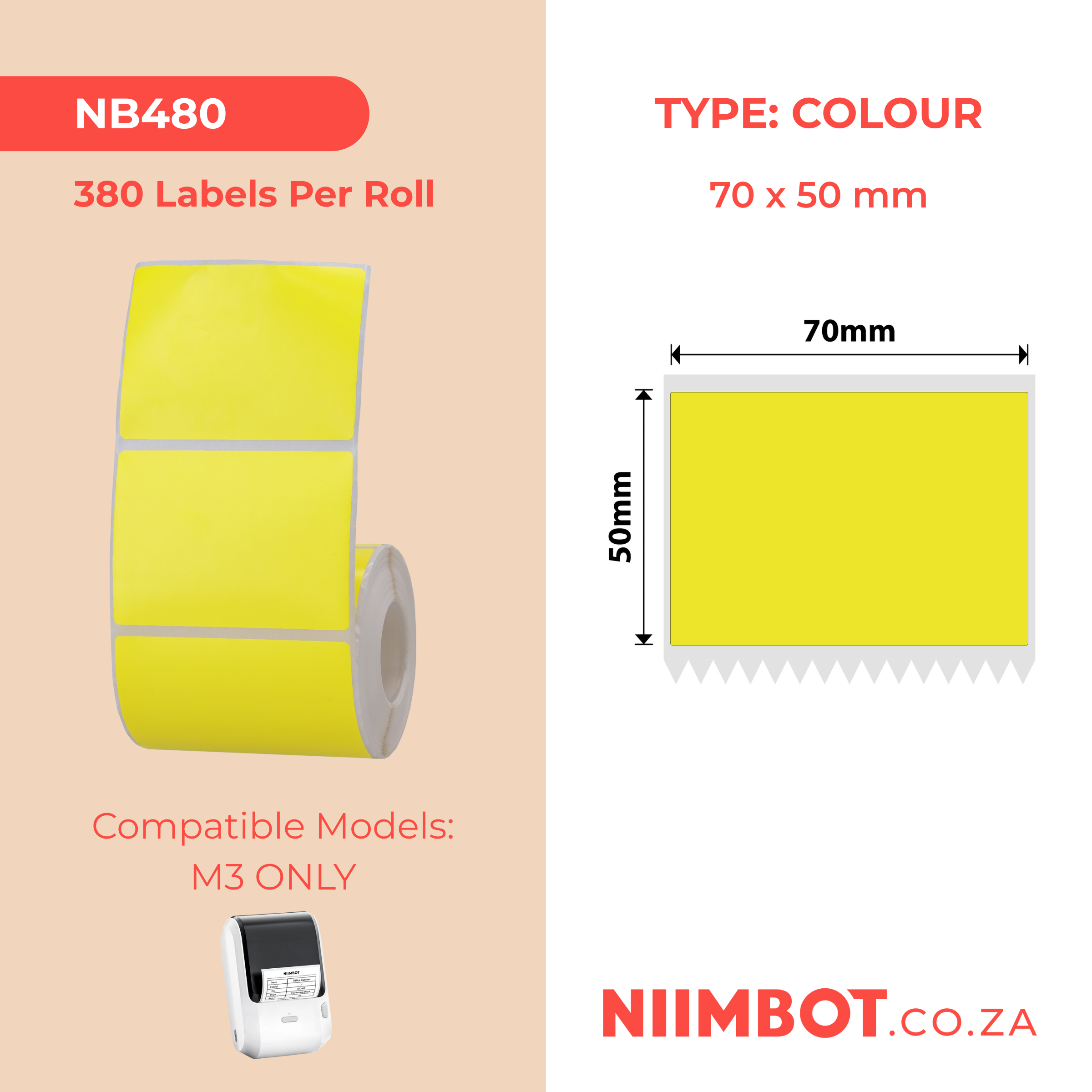 NB480 - NIIMBOT - M3 ONLY - P70X50MM - 380 THERMAL TRANSFER LABELS - RECTANGLE - YELLOW