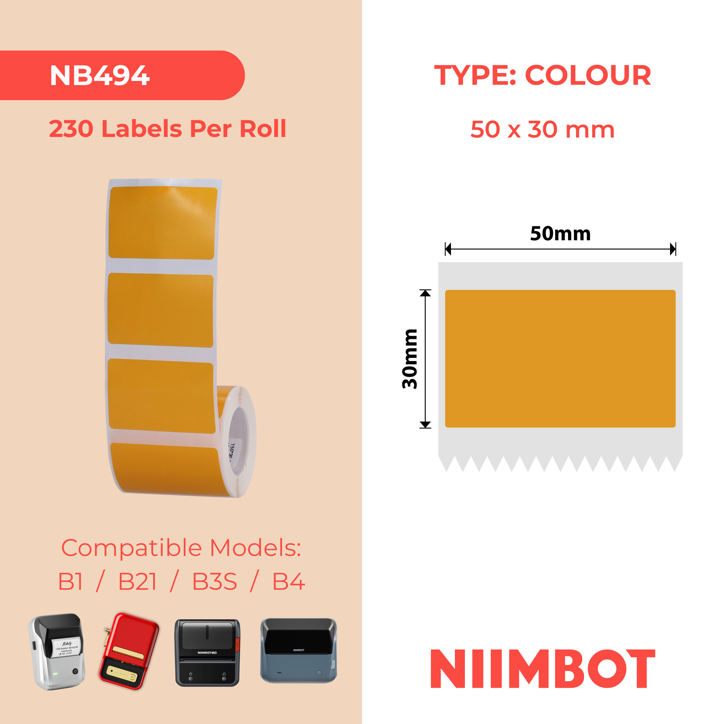 NB494 - Niimbot - B1 / B21 / B31 / B3S / B4 - 50x30mm - 230 Orange Freezer Labels