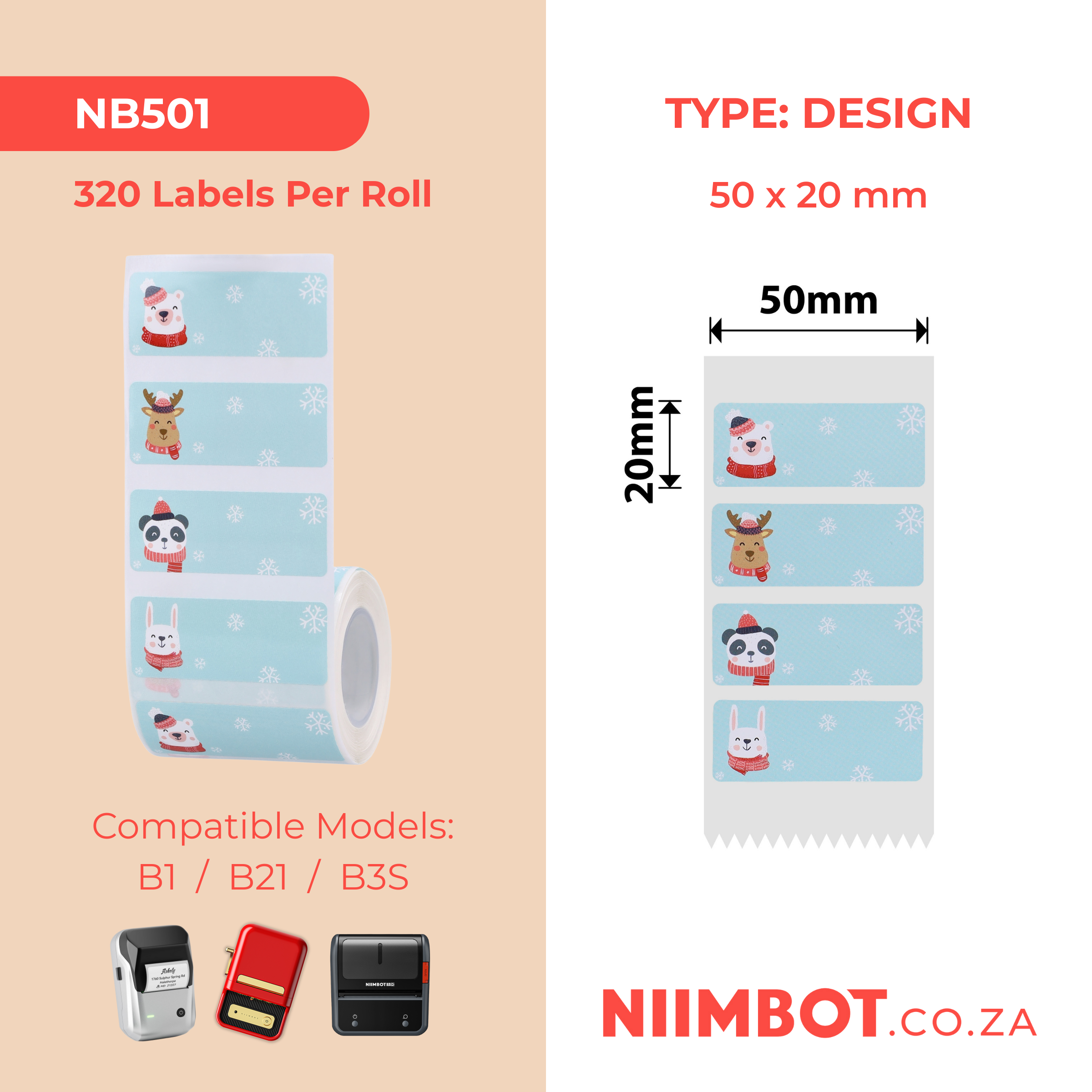 NB501 - NIIMBOT - B1 / B21 / B3S / B4 - 50X20MM - 320 LABELS PER ROLL - CHRISTMAS CUTE