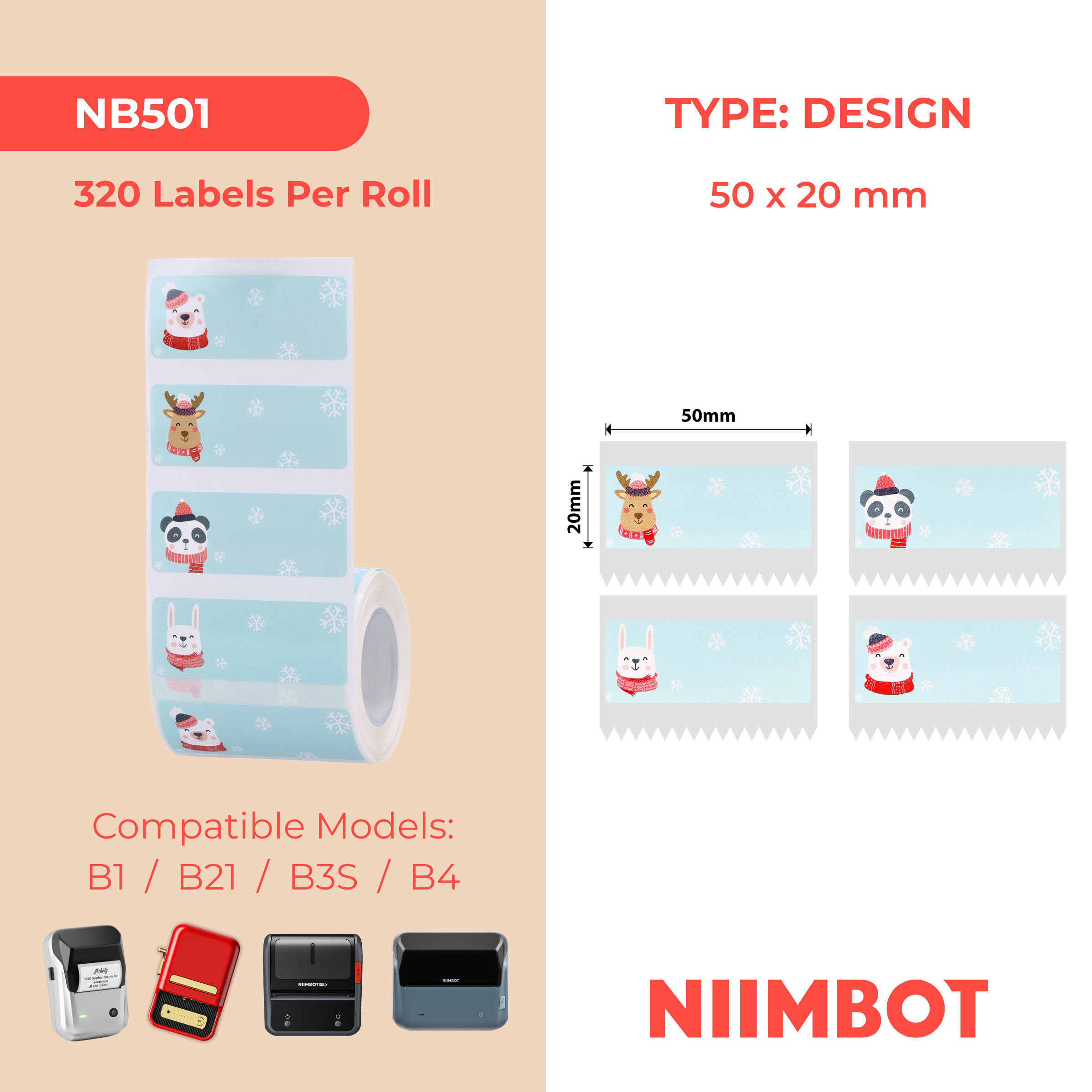 NB501 - Niimbot - B1 / B21 / B31 / B3S / B4 - 50x20mm - 320 Christmas Cute Labels