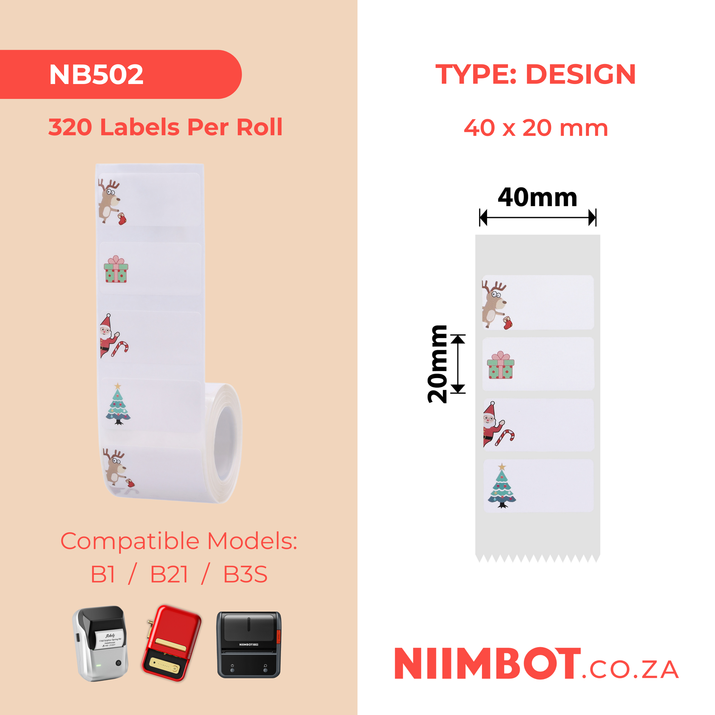 NB502 - NIIMBOT - B1 / B21 / B3S / B4 - T40X20MM - 320 LABELS PER ROLL - CHRISTMAS