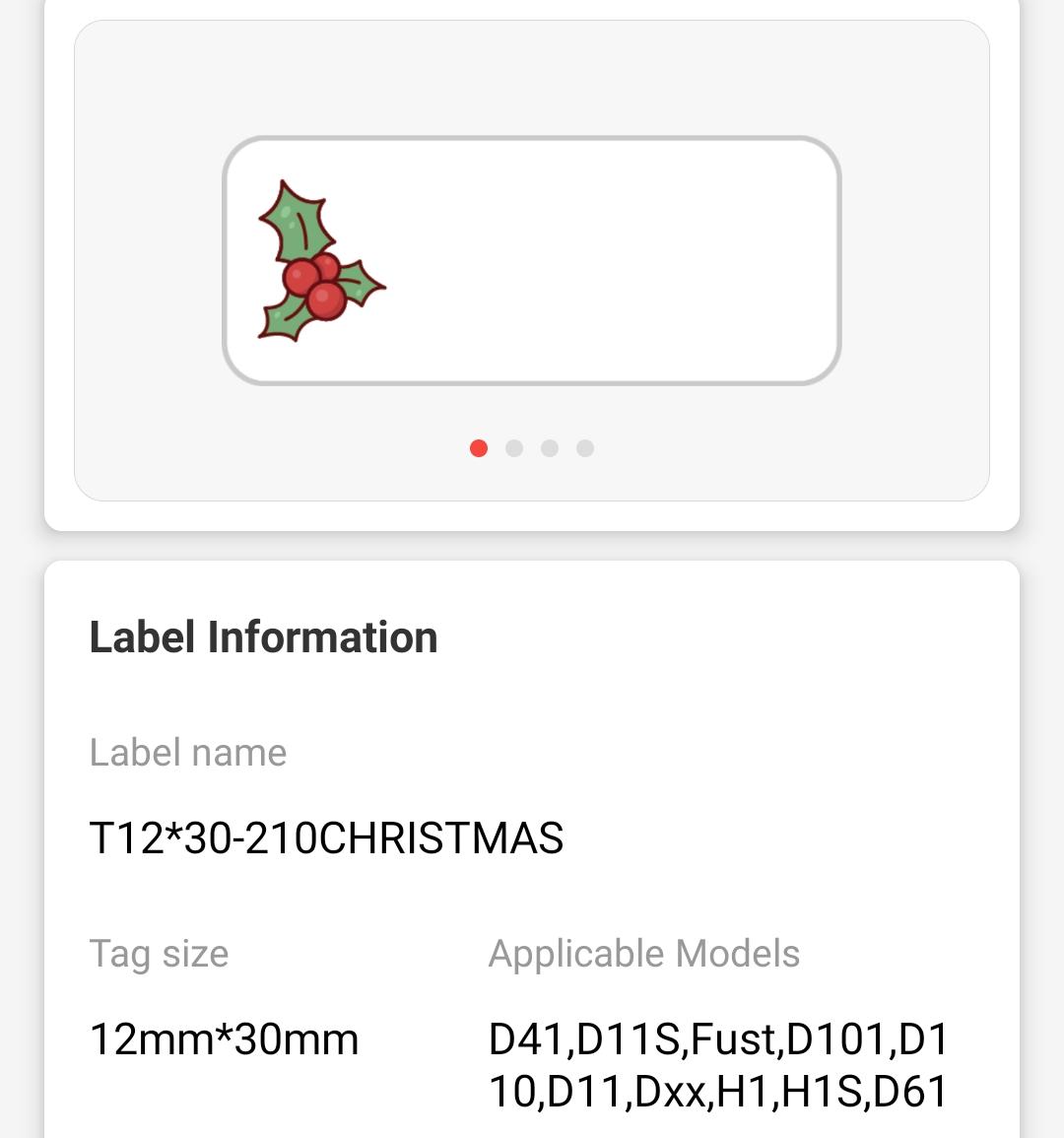 NB505 - NIIMBOT - D11 / D101 / D110 / H1S - T12X30MM - 210 LABELS PER ROLL - CHRISTMAS