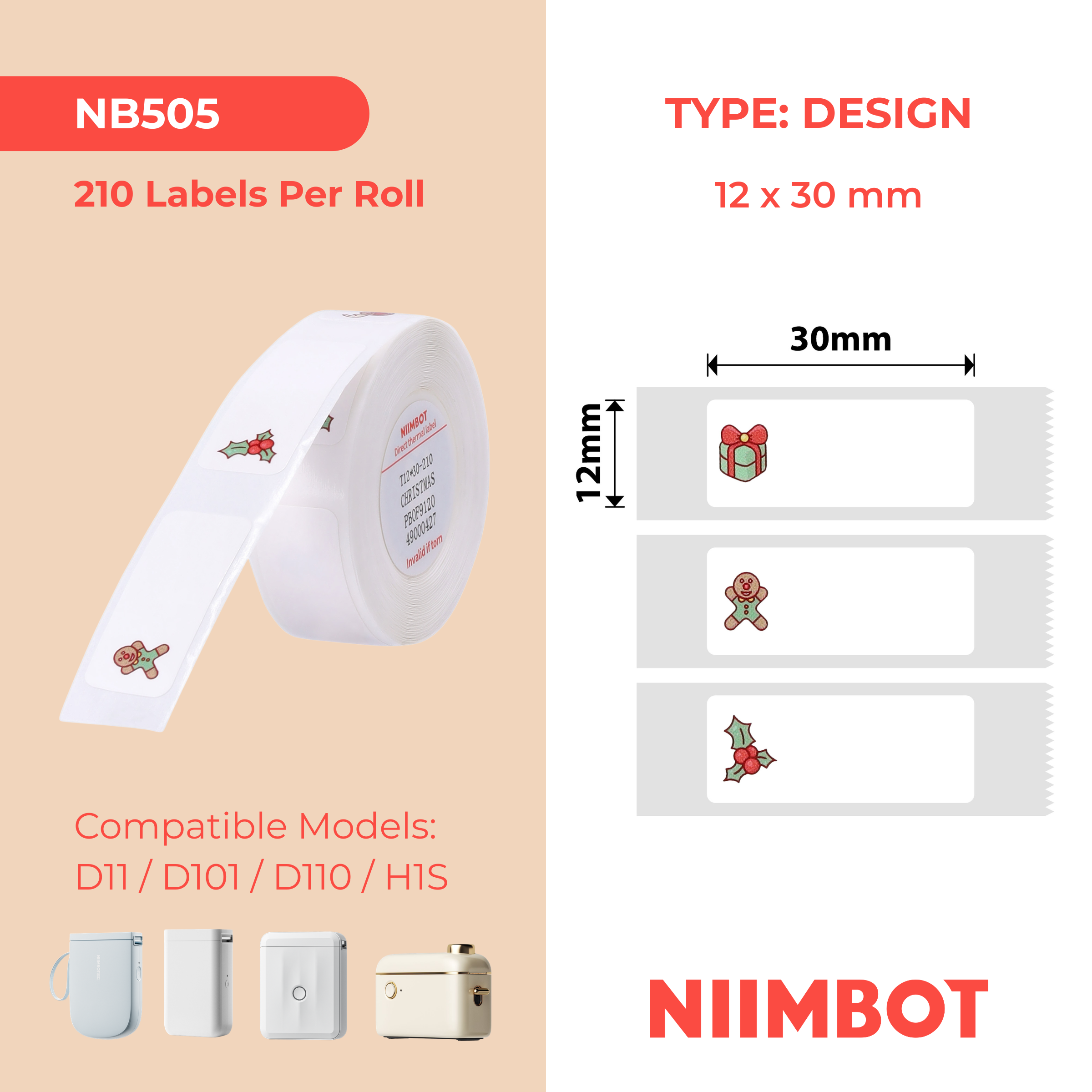 NB505 - Niimbot - D11 / D101 / D110 / H1S - 12x30mm - 195 Christmas Labels
