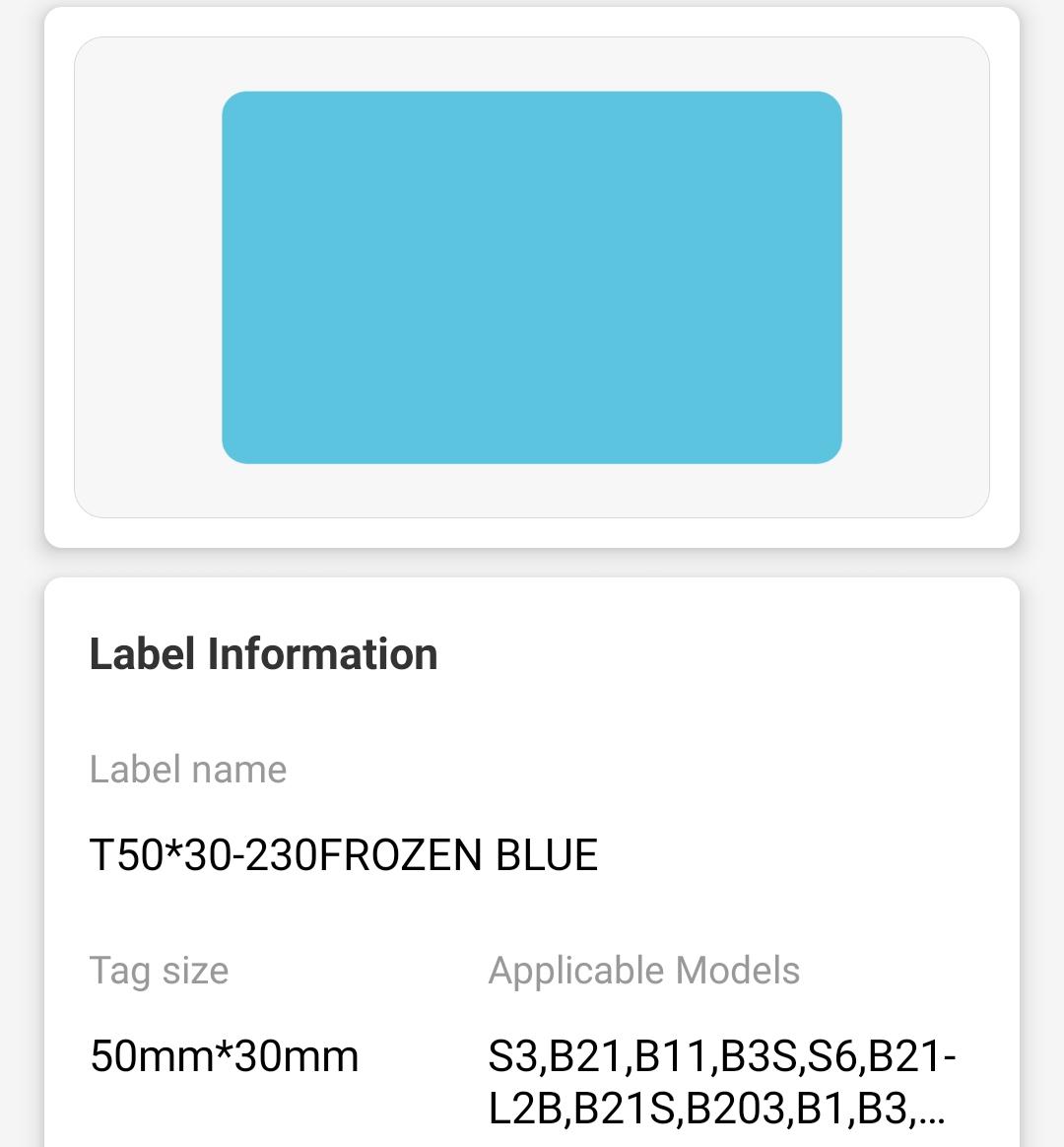 NB507 - NIIMBOT - B1 / B21 / B3S / B4 - T50X30MM - 230 THERMAL LABELS - FROZEN BLUE