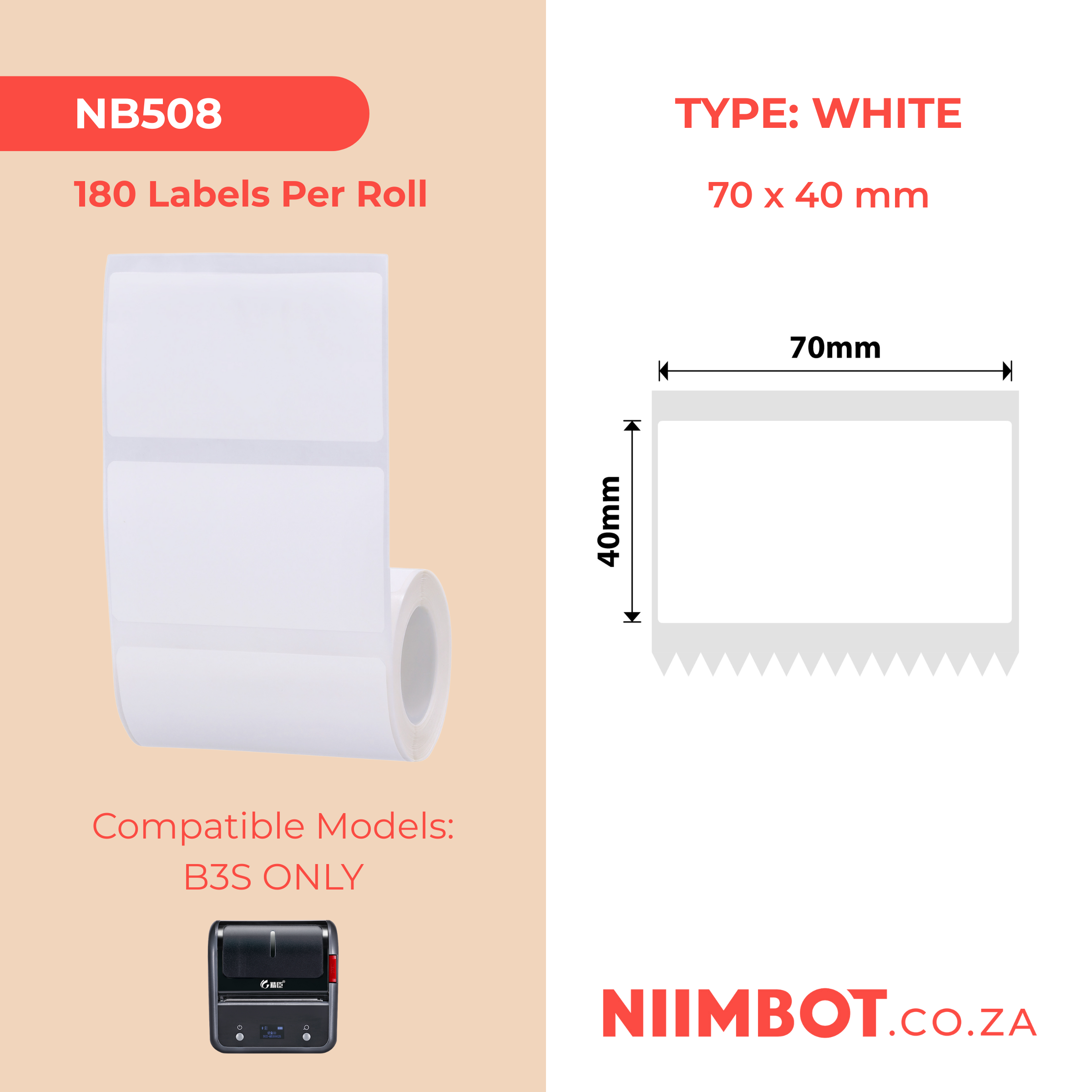NB508 - NIIMBOT - B3S ONLY - 70X40MM - 180 WHITE THERMAL LABELS