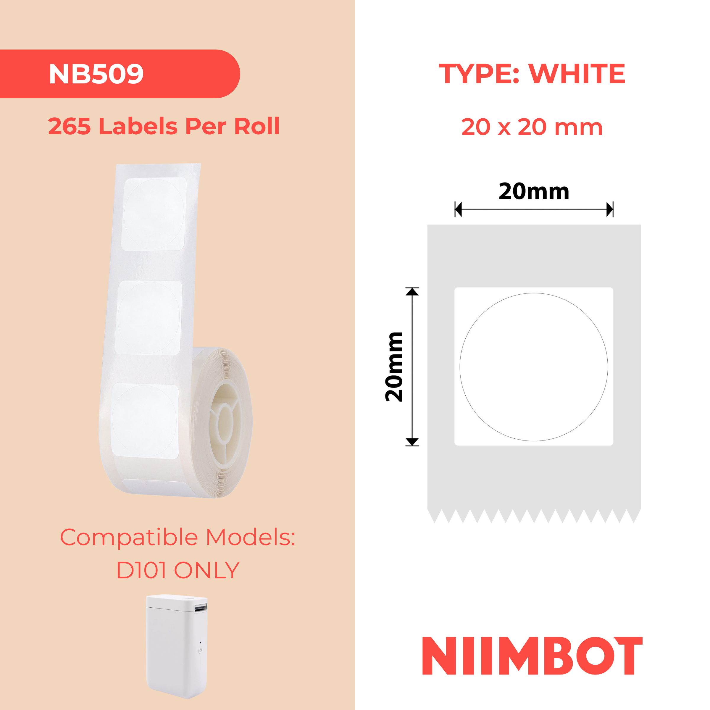 NB509 - Niimbot - D101 Only - 20x20mm - 265 White Round Labels