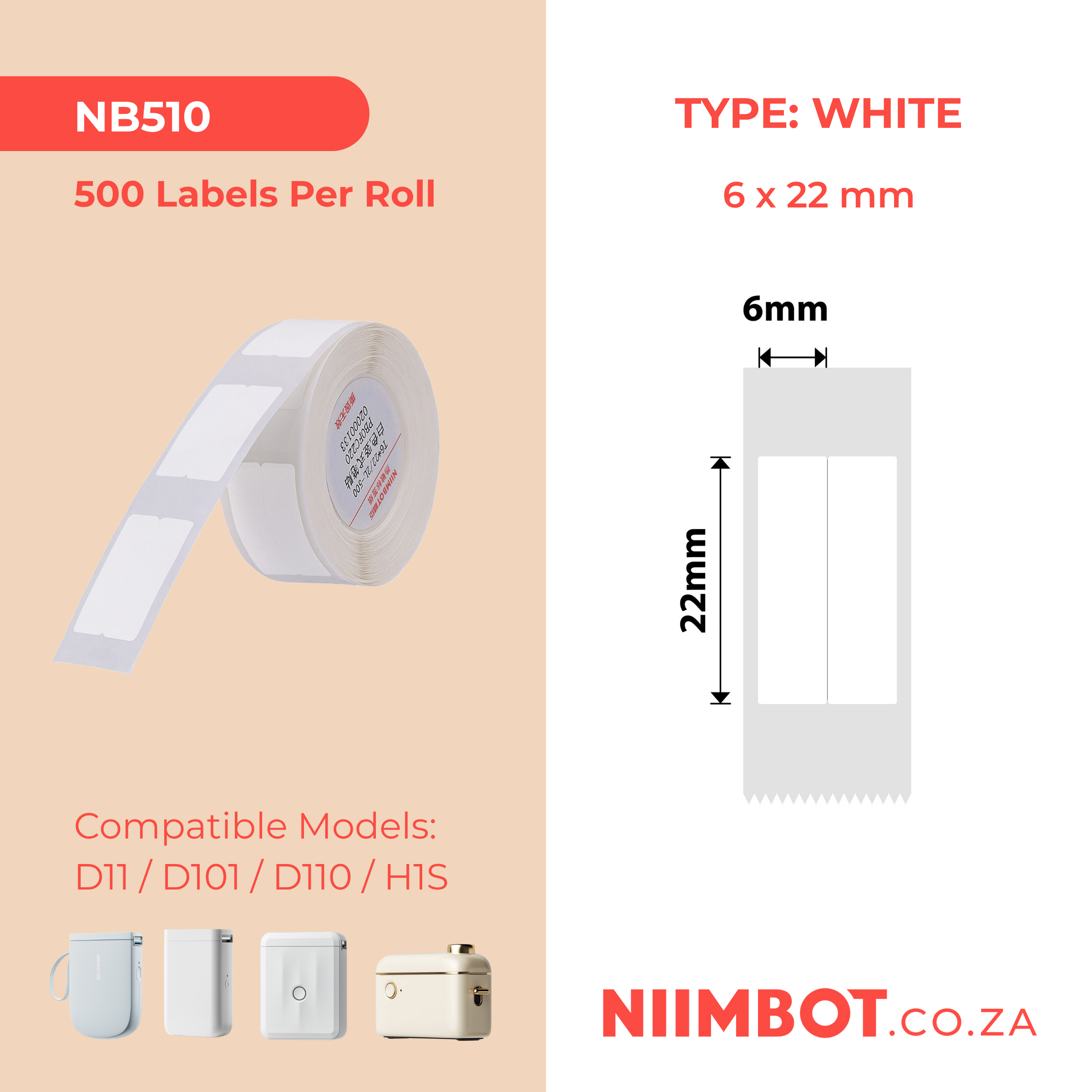 NB510 - Niimbot - D11 / D101 / D110 / H1S - 6x22mm/2L - 500 White Vertical Pen - Stationary Labels