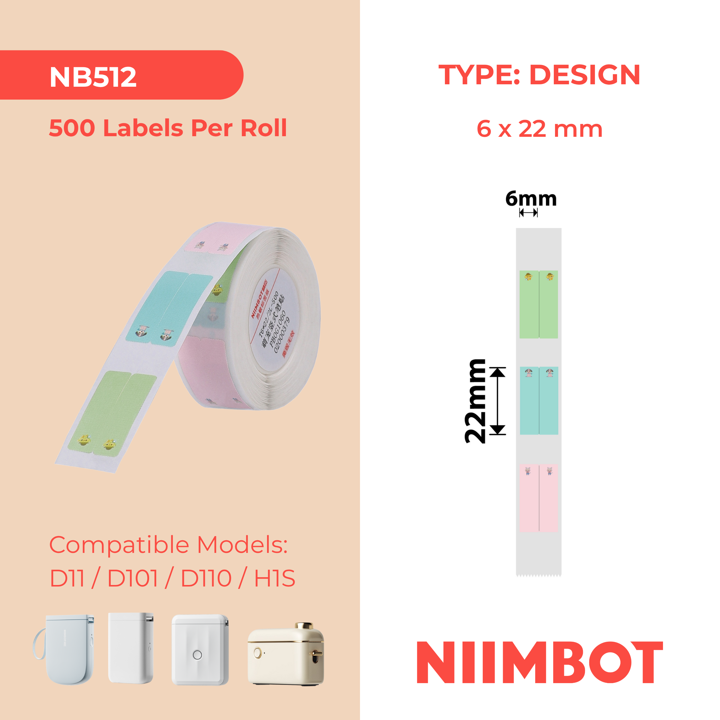 NB512 - NIIMBOT - D11 / D101 / D110 / H1S - THERMAL LABELS - T6X22MM/2L - 500 LABELS PER ROLL - MULTI-COLOUR CUTE PET VERTICAL PEN STICKERS (STATIONARY)