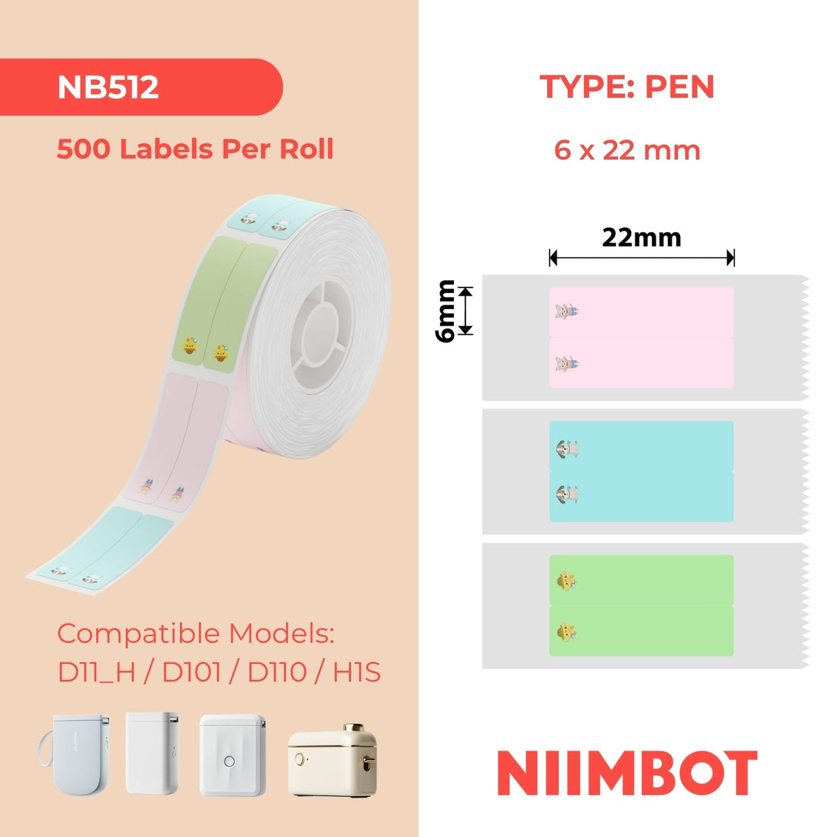 NIIMBOT - D Range - 6x22mm/2L - Multi-Colour Cute PET Vertical Pen - Stationary - 500 Labels