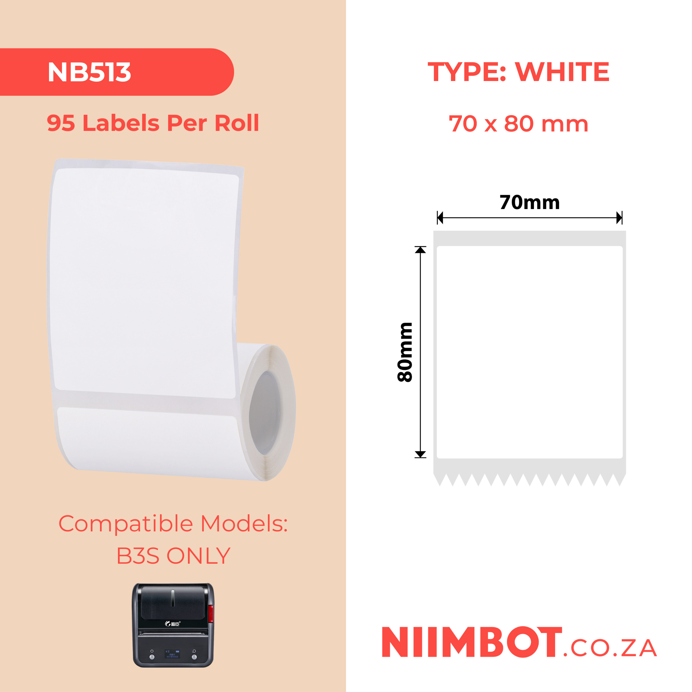 NB513 - NIIMBOT - B3S ONLY - T70X80MM - 95 LABELS PER ROLL - WHITE