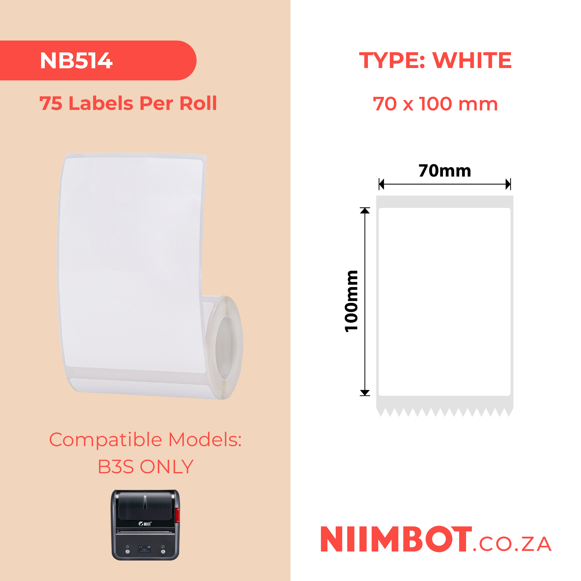 NB514 - Niimbot - B3S / B31 / B4 Only - 70x100mm - 75 White Labels