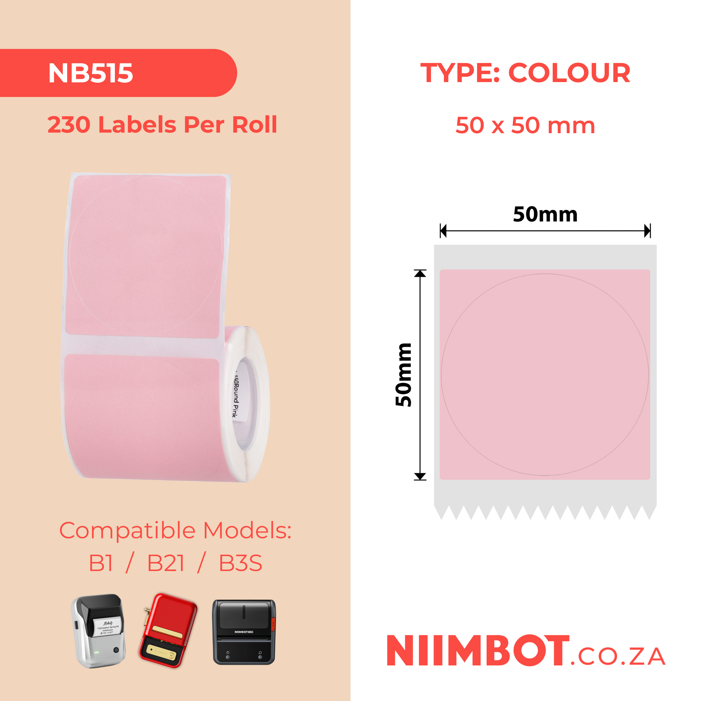 NB515 - NIIMBOT - B1 / B21 / B3S / B4 - R50X50MM - 150 LABELS PER ROLL - ROUND - PINK